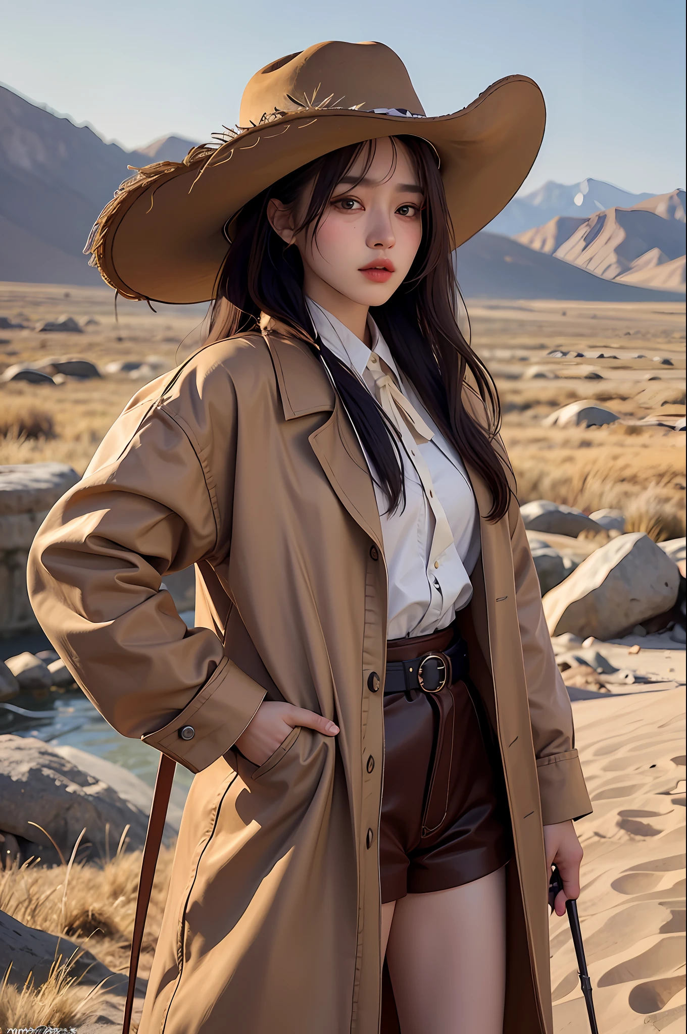 Long Coat, Gunman, Wilderness, Western Cowboy Style, Photo, Photography, Best Quality, Realistic, Photorealistic, Intricate Detail, (Delicate Details), (Intricate Details), Cinematic Light, Best Quality Backlight, Clear Line, 8K, Ultra High Definition, ulzzang-6500-v1.1