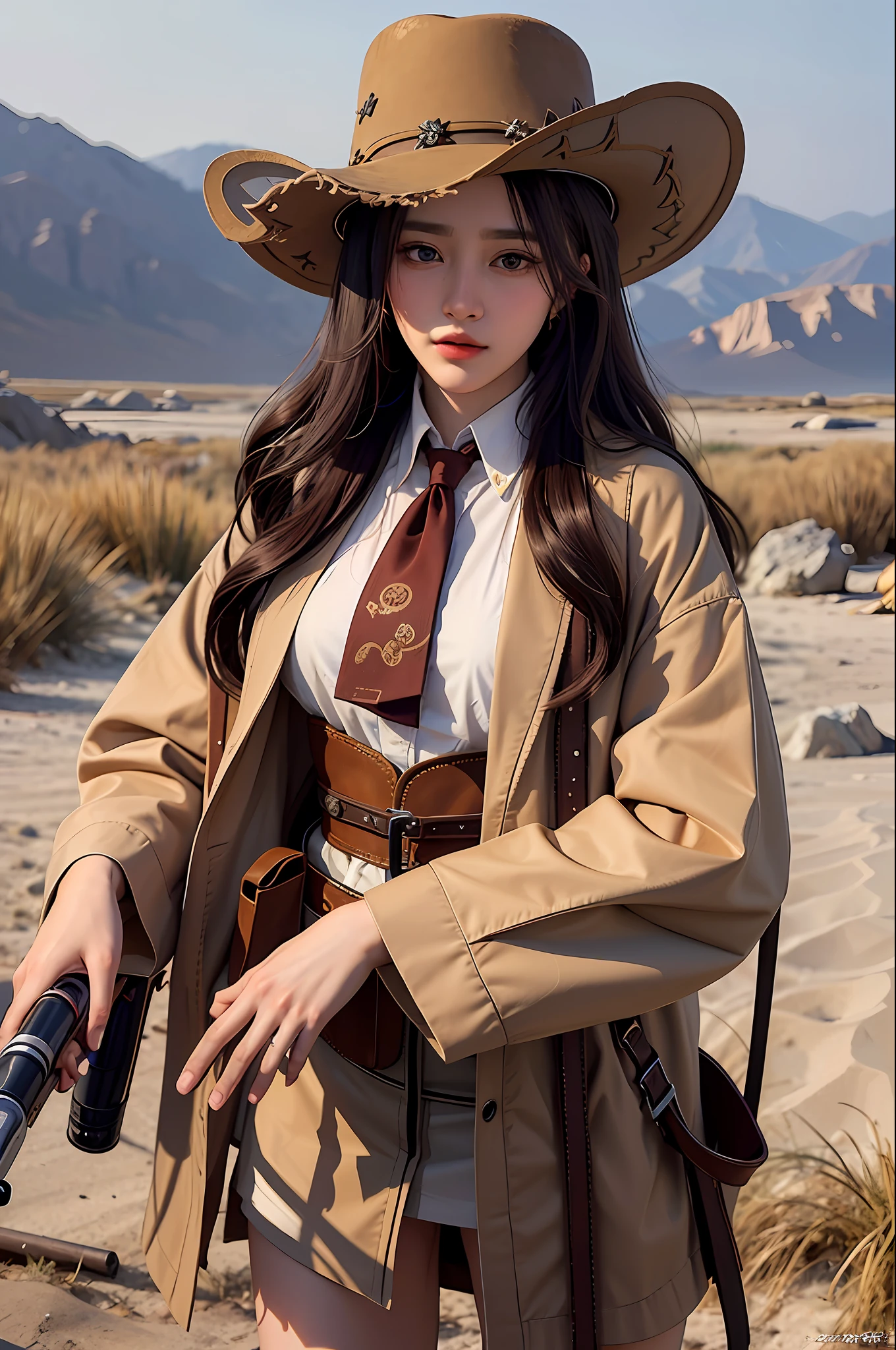 Long Coat, Gunman, Wilderness, Western Cowboy Style, Photo, Photography, Best Quality, Realistic, Photorealistic, Intricate Detail, (Delicate Details), (Intricate Details), Cinematic Light, Best Quality Backlight, Clear Line, 8K, Ultra High Definition, ulzzang-6500-v1.1