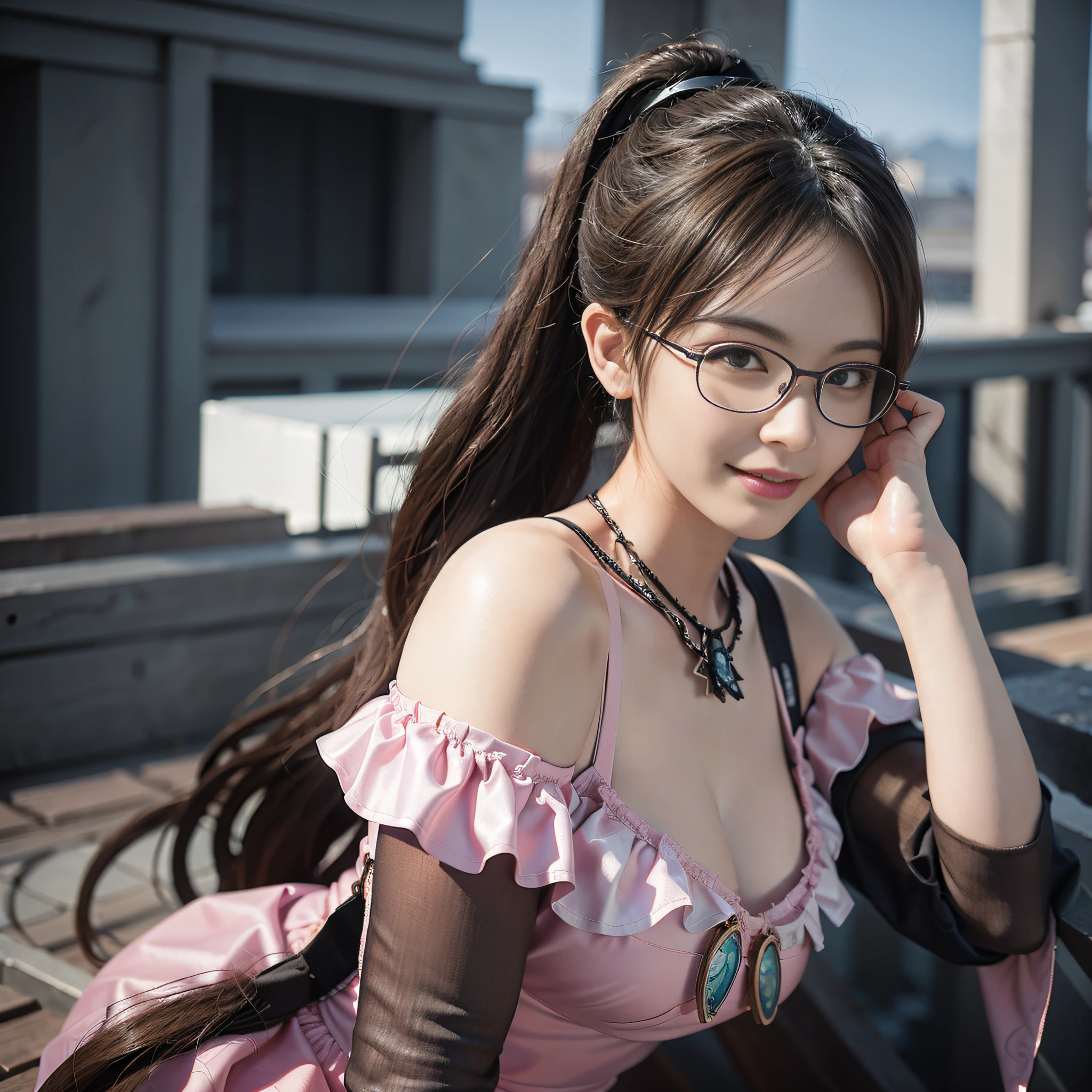 (1 girl: 1.3), Solo, Standing figure, Fantasy art, Photorealistic, Highly detailed face, Pink dress, Black eyes, Black hair, Ponytail, Smile, Glasses, Big breasts