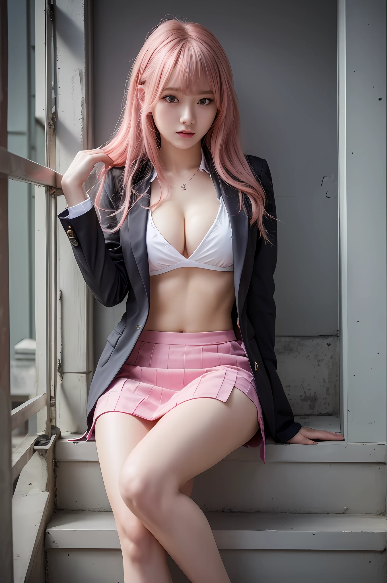 ******girl, Miniskirt, Blazer, Large breasts, transparent and wet: 1.5, G-Cup: 1.4, Student Council President, Beautiful Face, M-Shaped Legs: 1.3, Legs Open, Thin Legs, Long Hair, Recognizable Bangs: 1.4, Pink Hair, Legs Open: 1.8, Exposed Lotus, Cleavage Visible: 1.1, Body Oil: 2.1, Body Wet: 1.3, K-pop Idol, Sit on stairs: 1.1, upper body only: 1.1