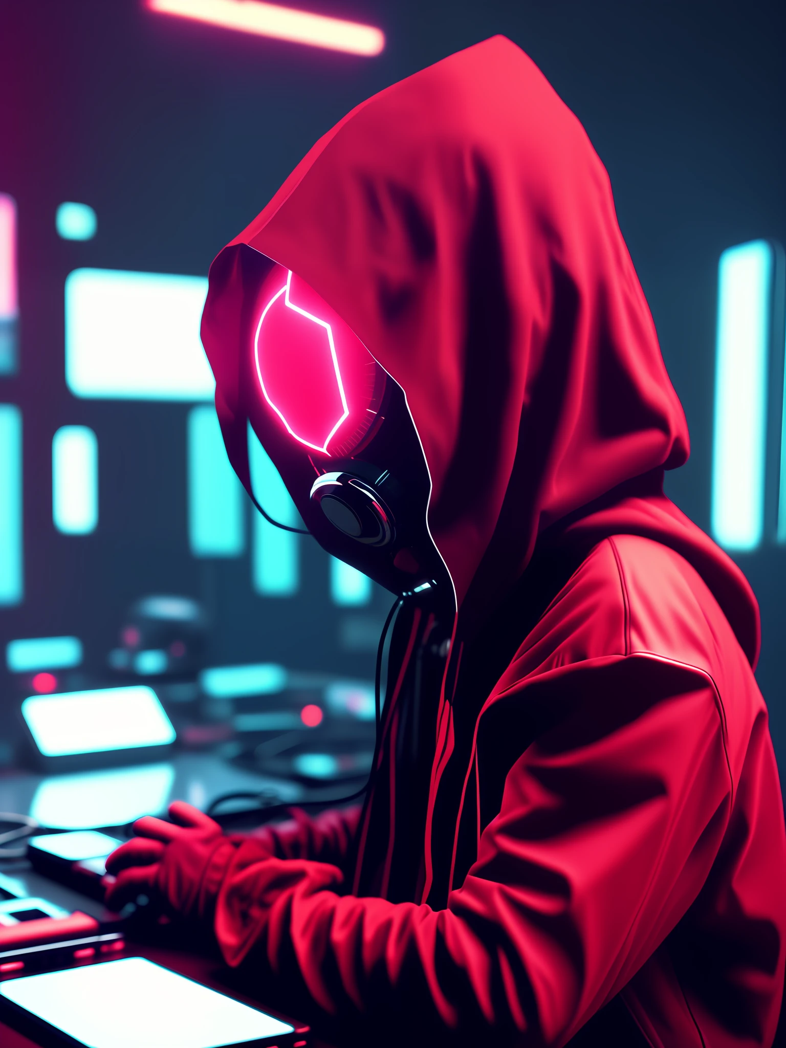 NeonNinja style, a close up of a person wearing a red hood there is a large ball in the middle of a room, a close up of an electronic device on a table