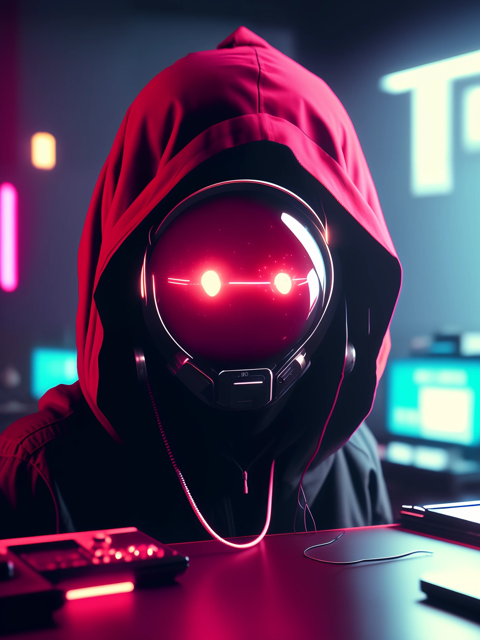 NeonNinja style, a close up of a person wearing a red hood there is a large ball in the middle of a room, a close up of an electronic device on a table