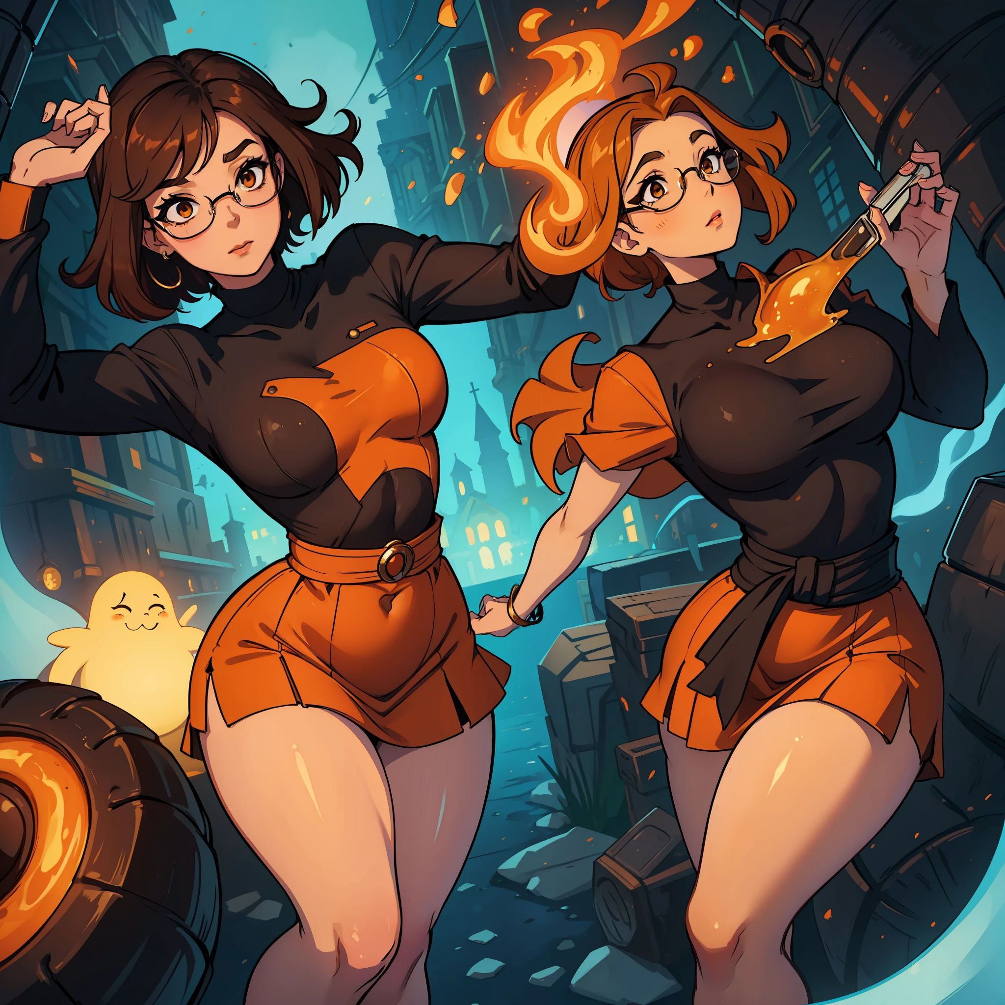 (((waist up))), (((perfect body))), (((voluptuous))), (((hot))), thick thighs, Velma Dace Dinkley teenager (from the Scooby-Doo series), posing for self with a ghost behind her, arm stretched out for freight as if she were holding a cell phone, comedic scene, perfect body, gorgeous and intelligent face, front view, mini skirt, glasses, big breasts, hot, short brown hair, orange turtleneck blouse, red skirt, waist up