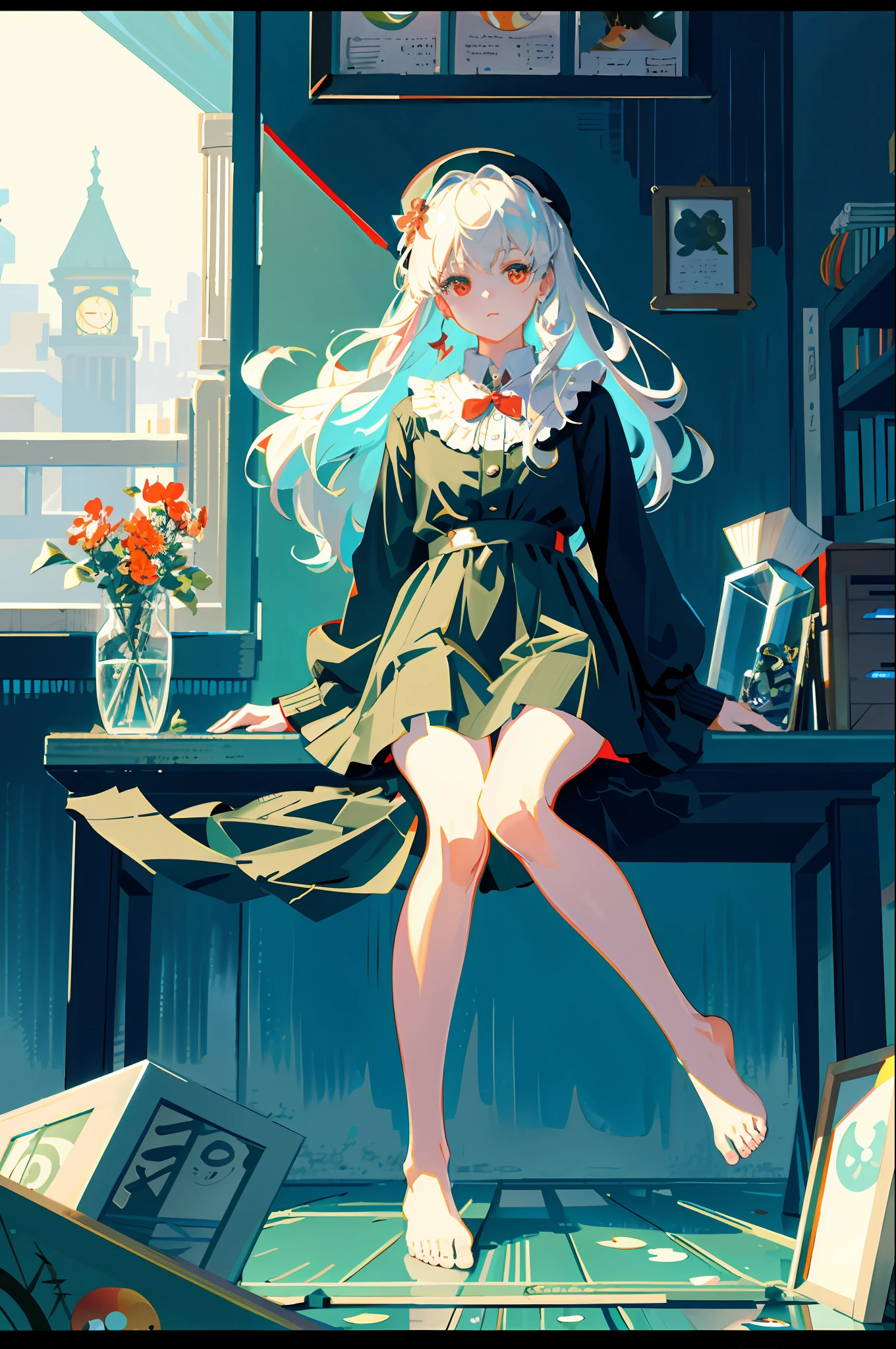 [(transparent background: 1.5)::5],(((masterpiece))),(((best quality))),(((extremely detailed))),illustration,1girl,solo,mysterious,vivid color,shiny ,Underwater transparent sealed hemispherical glass dome,white hair,red eyes,full body,bare feet,long hair,quiet nature,koi fish,underwater,dome,close-up,dynamic action,lens perspective,(((Box composition))),(((Box composition))), Sitting crossed - legs resting on a bookshelf, (arm + hand + 1 thumb + 4 fingers), (Impressionism: 1.4), Vincent van Gogh