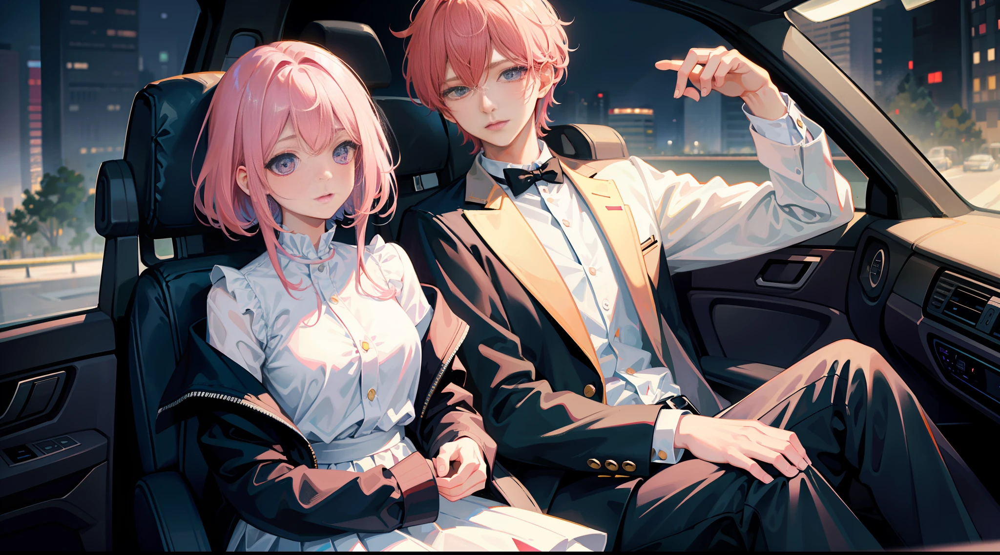 Masterpiece, best quality, super detailed, illustration, beautiful detailed eyes, close up, with a boy and a girl. It is pink hair, white pleated shirt, skirt. The boy is black hair, black suit, black pants. Boy and girl in the car