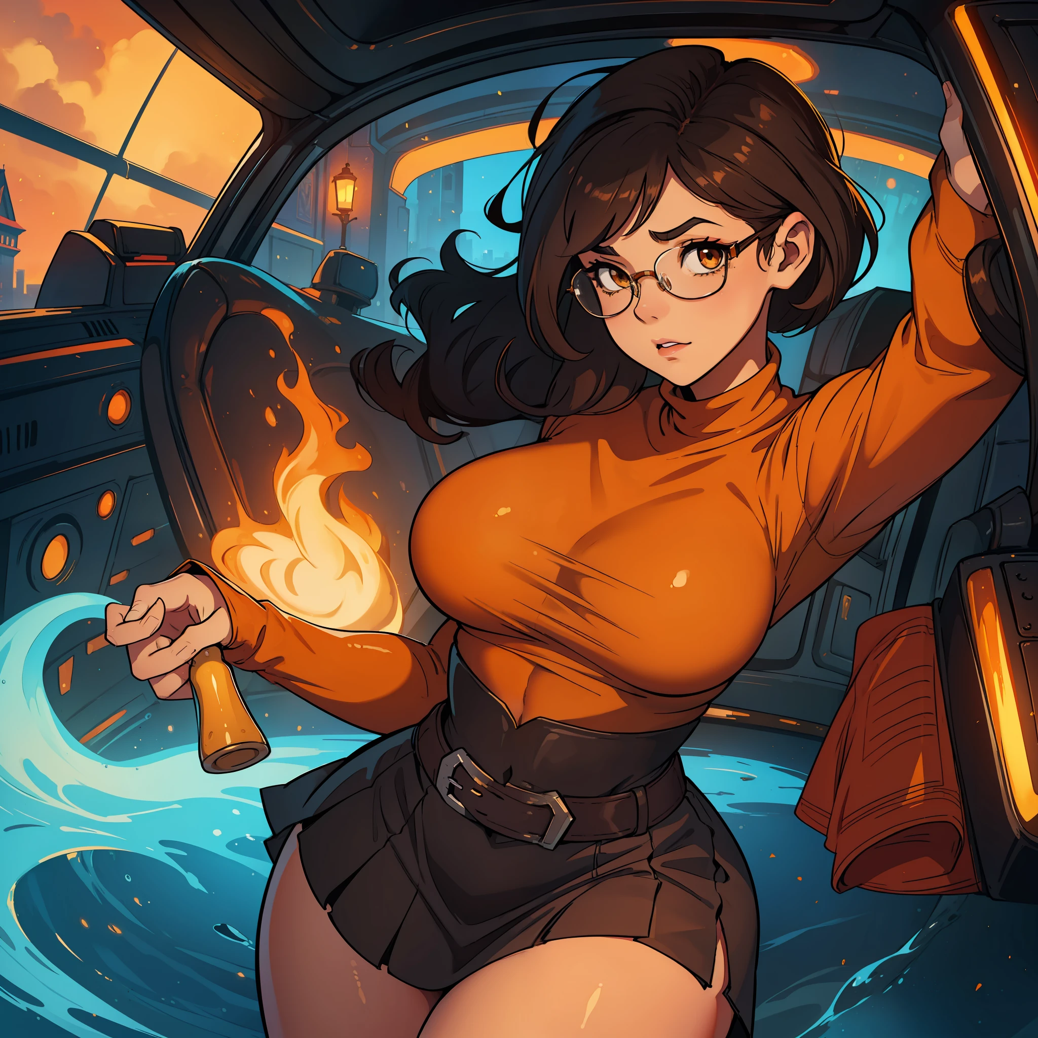 (((waist up))), (((perfect body))), (((voluptuous))), (((hot))), thick thighs, Velma Dace Dinkley teenager (from the Scooby-Doo series), posing for self with a ghost behind her, arm stretched out for freight as if she were holding a cell phone, comedic scene, perfect body, gorgeous and intelligent face, front view, mini skirt, glasses, big breasts, hot, short brown hair, orange turtleneck blouse, red skirt, waist up