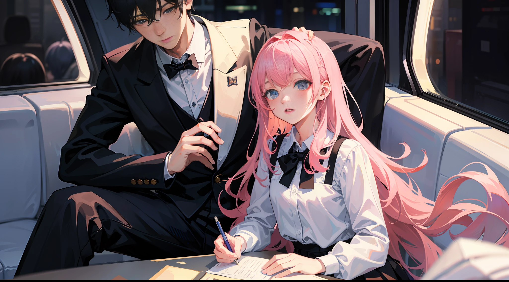 Masterpiece, best quality, super detailed, illustration, beautiful detailed eyes, close up, with a boy and a girl. It is pink hair, white pleated shirt, skirt. The boy is black hair, black suit, black pants. Boy and girl in the car