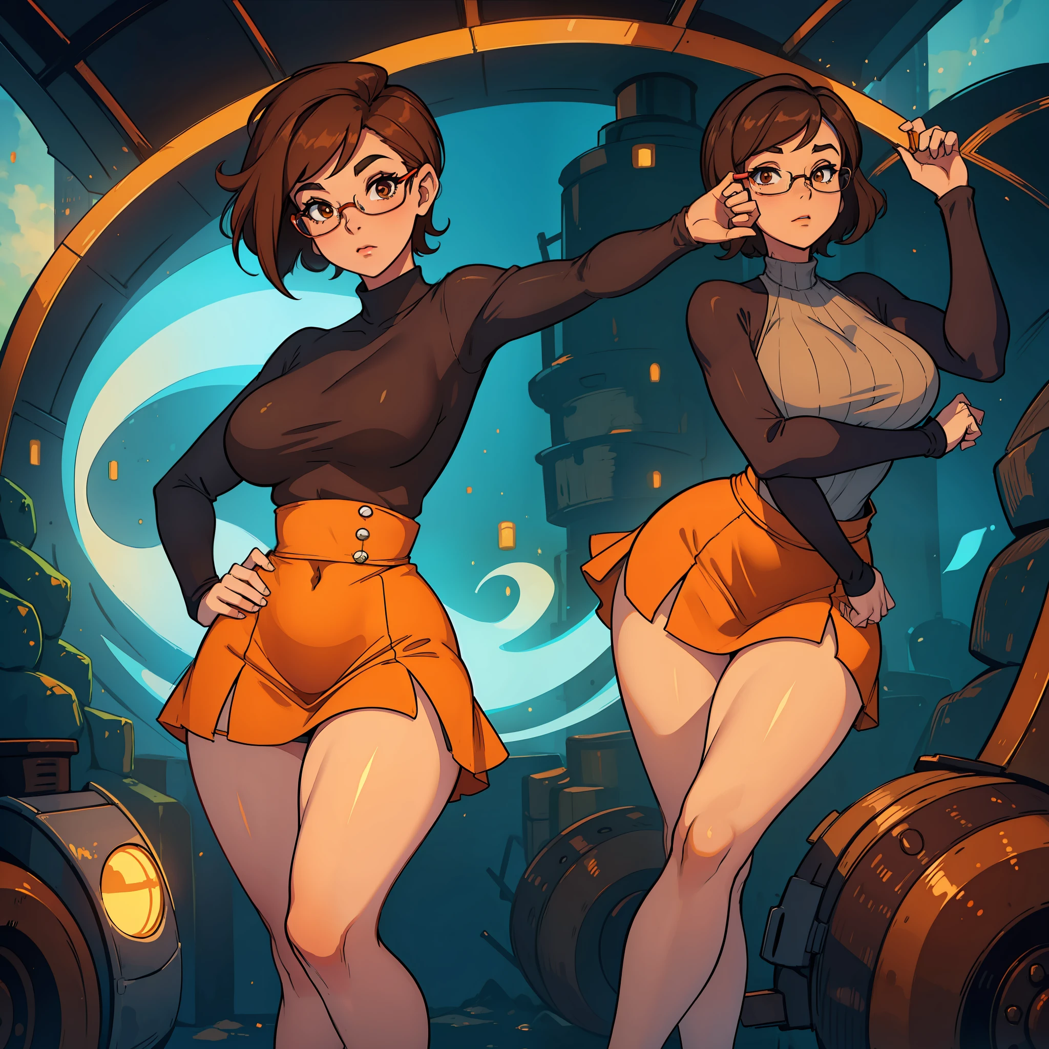 (((waist up))), (((perfect body))), (((voluptuous))), (((hot))), thick thighs, Velma Dace Dinkley teenager (from the Scooby-Doo series), posing for self with a ghost behind her, arm stretched out for freight as if she were holding a cell phone, comedic scene, perfect body, gorgeous and intelligent face, front view, mini skirt, glasses, big breasts, hot, short brown hair, orange turtleneck blouse, red skirt, waist up