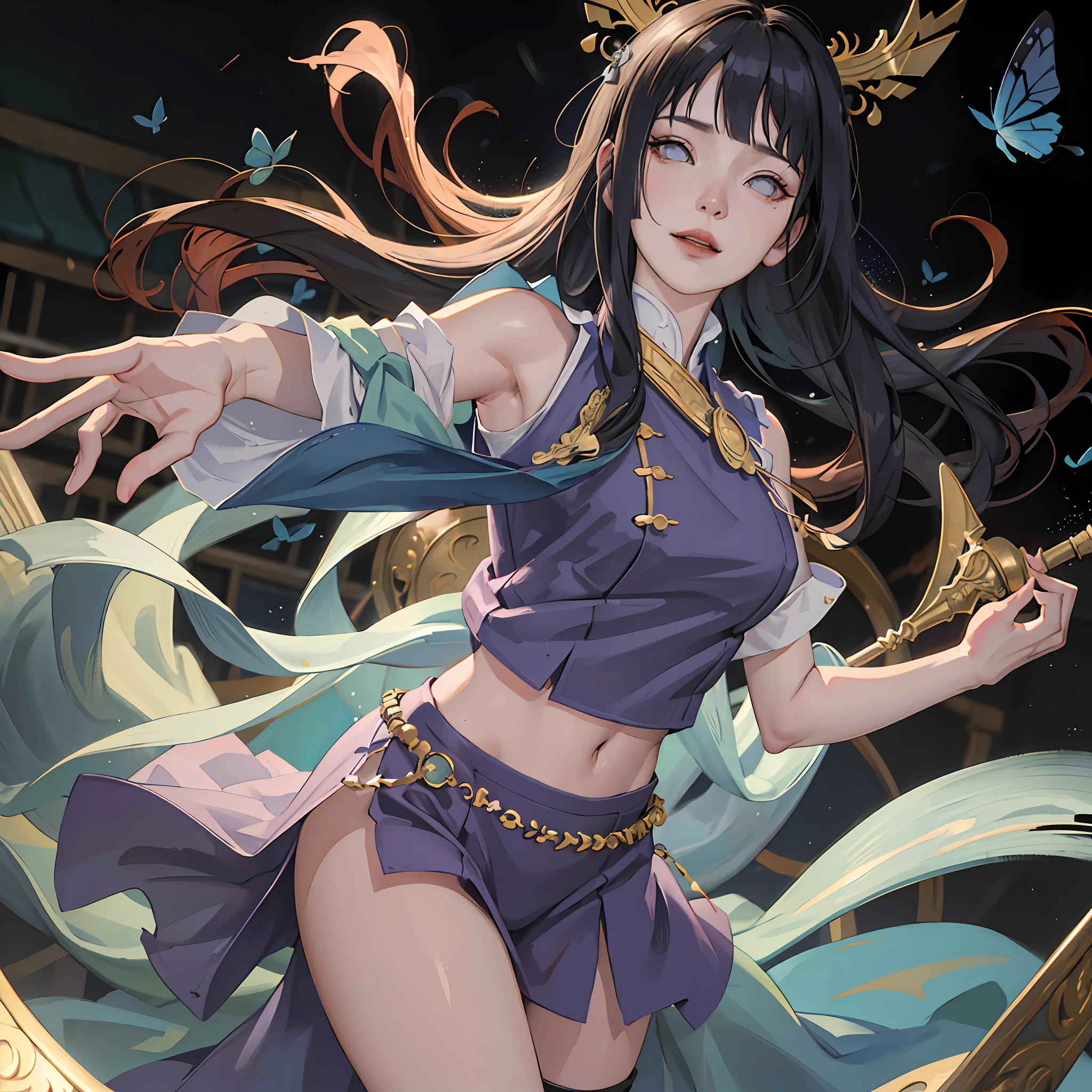 (RAW Photo, Best Quality), (Realistic, Photo Real: 1.3), Best Quality, Highly Detailed, Masterpiece, Ultra Detailed, Illustration, 1 Girl, upper_body, Dynamic Angle, World Mastery Theater, messy_long_hair, Best Quality, Extremely Detailed CG Uniform 8k Wallpaper, Ink, Amazing, Sexy, Smile, Movie Lights, lens_flare, dunhuang_style, surrounded by blue butterflies, hinata/(boruto/), blunt bangs, long hair, knee crop, modest attire, beautiful