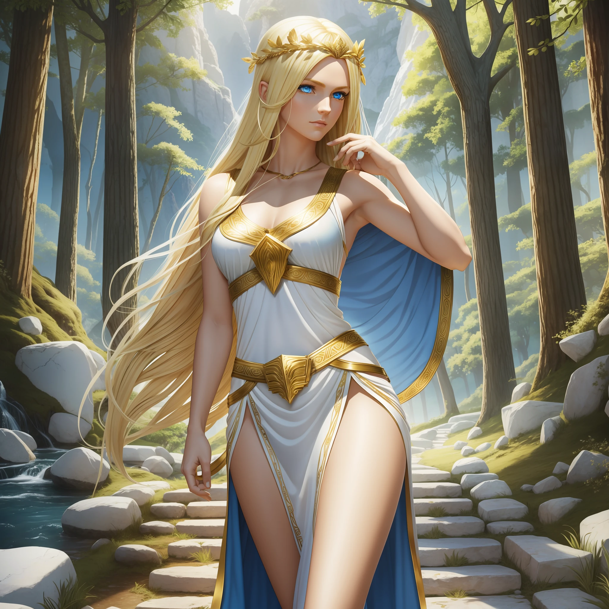 goddess of wild nature and hunting, with (((blonde hair))) and (((blue eyes))), is fair-skinned, is slender and tall, shows off her pair of perfect long legs, wears a sleeveless (very short: 1.7) (white:1.5) greek chiton with golden borders, holds golden bow, "stern and determined", mythical Arcadian mountains and forests, Greek mythology, photorealistic, super high quality, super detail, super hand description, masterpiece, 4K, 8K, HDR