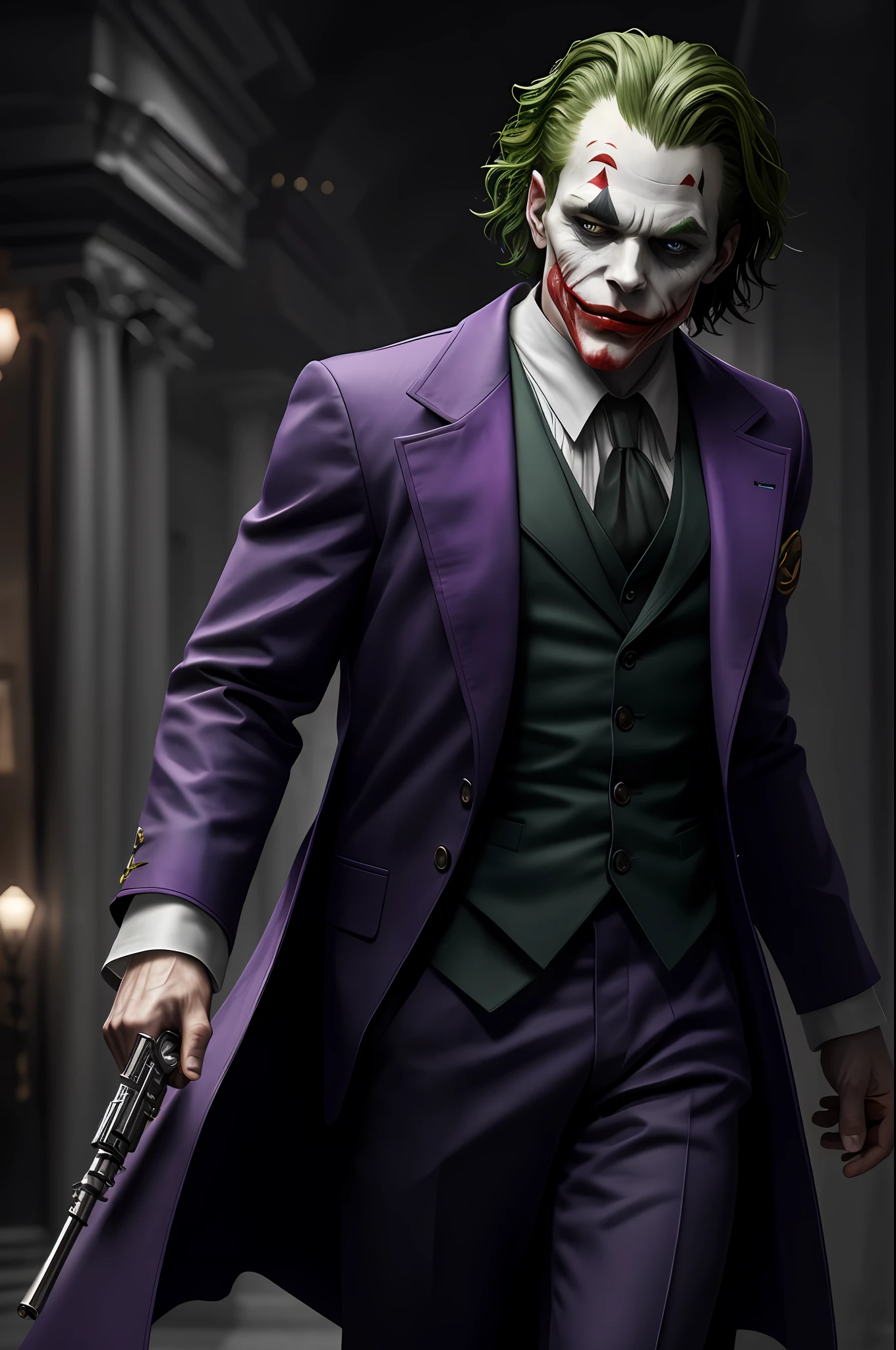 (8k, RAW photo, best quality, masterpiece:1.2), ultra detailed, official art, photo-realistic:1.37, upper body shot, DC Joker, film grain, action pose