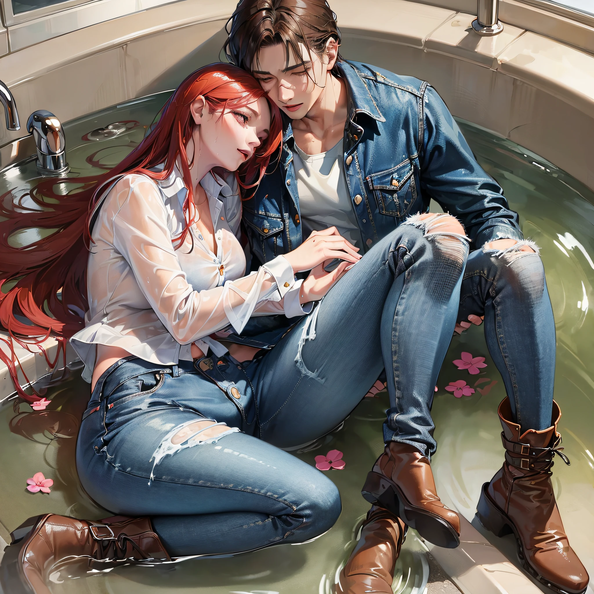 (Wet clothes:1.4), realistic, man and woman kissing in bathtub, redhead woman, she wears dark jeans, she wears see through button down blouse, she wears boots, brunette man, wet clothes hdr, gleaming soaking wet jeans, wet shirts, insane details, intricate details, hyperdetailed, full body, laying down, water pouring over them, wet hair, show boots