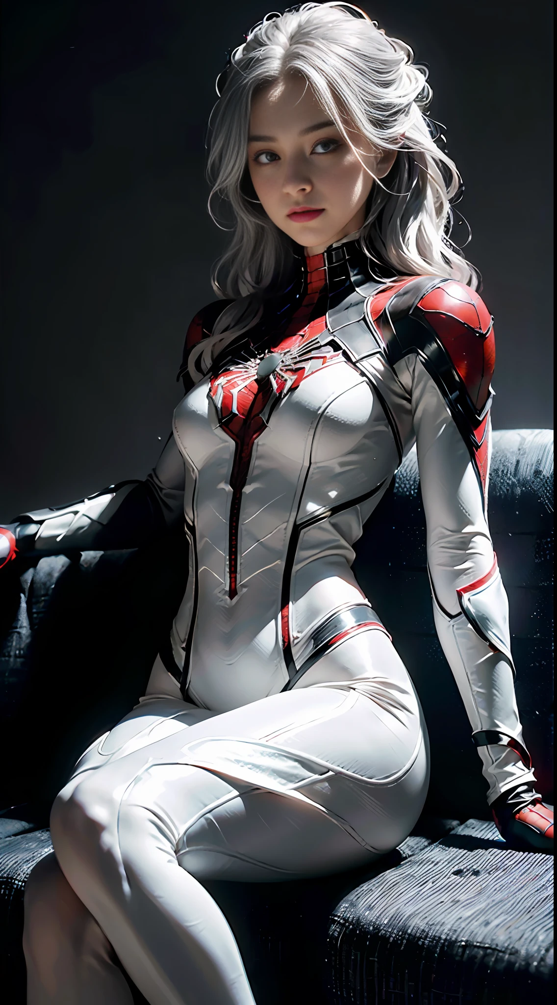 (Extreme Detail CG Unity 8K wallpaper, masterpiece, highest quality), (Exquisite lighting and shadow, highly dramatic picture, Cinematic lens effect), a girl in a white Spider-Man costume, silver gray hair color, from the Spider-Man parallel universe, Wenger, Marvel, Spider-Man, sitting on the couch, dynamic pose), (excellent detail, excellent lighting, wide angle), (excellent rendering, enough to stand out in its class), focus on white Spider-Man costumes, complex spider textures