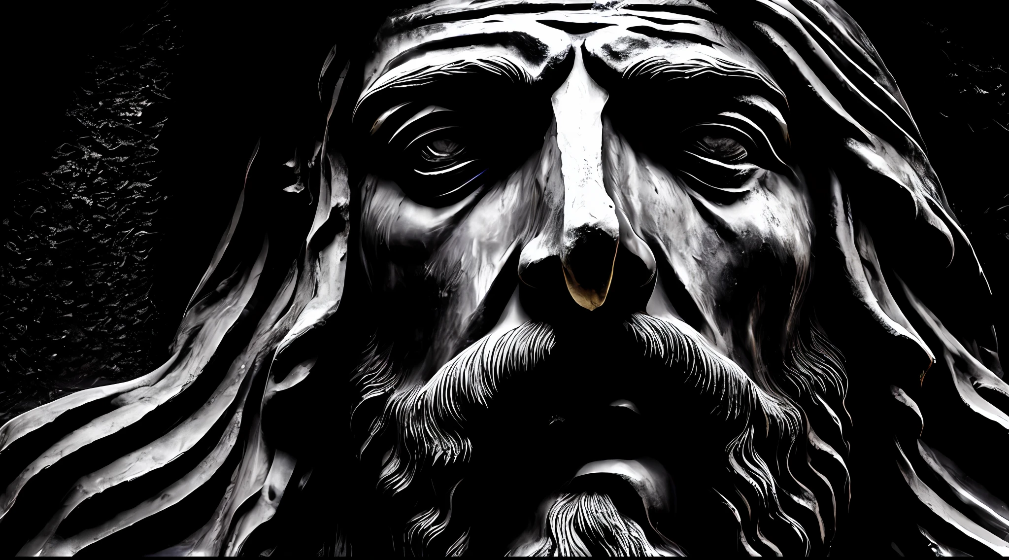 Face of black and white statue of Jesus suffering