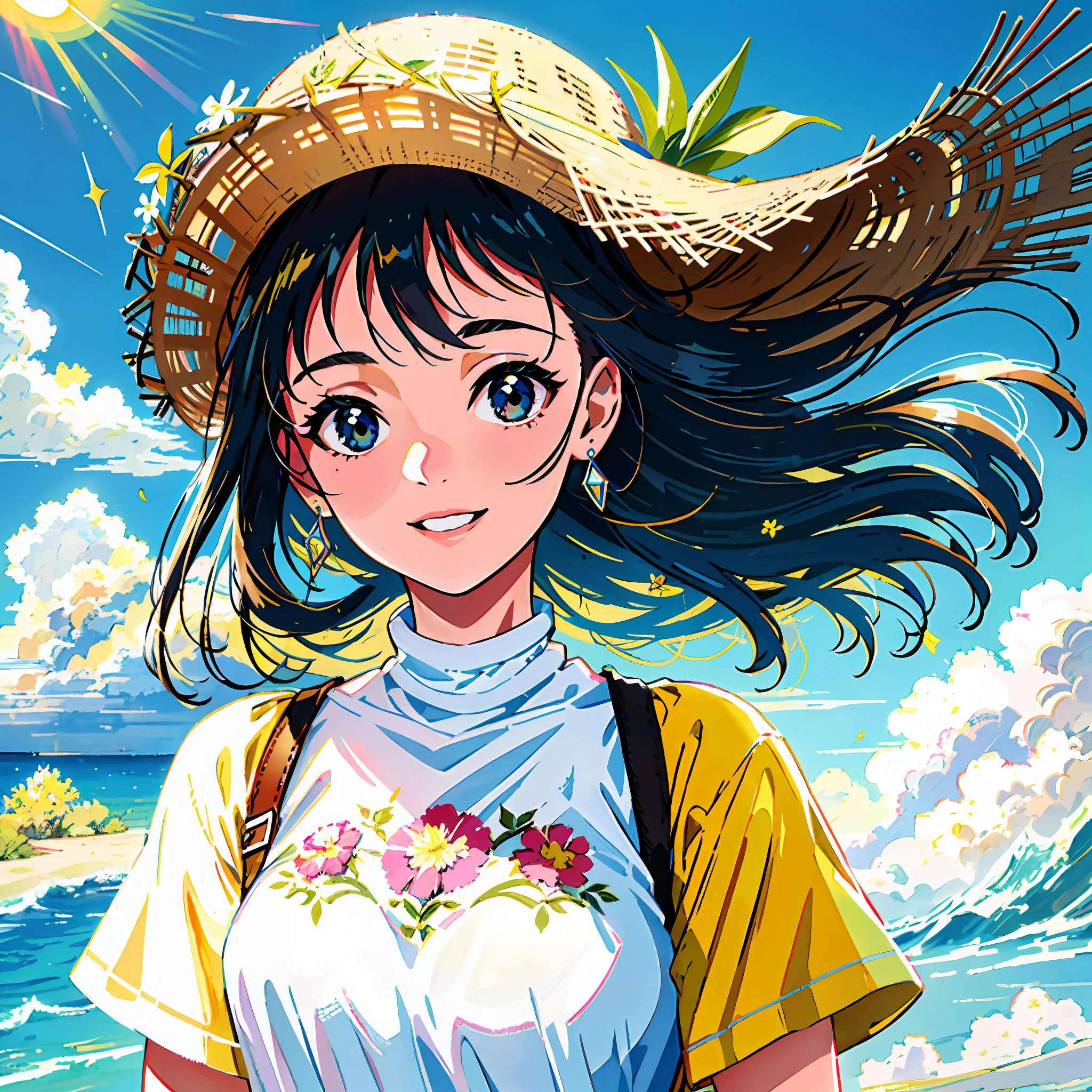 cinematic close shot, cinematography, intricately detailed, meticulous, magnificent, maximum details, cozy vibes:2, extremely hyper realistic,pastel colours:2, (((1girl, solo))), 18age, Slip dress, messy hair:2, black hair, (((center))),((summer)), Close-up of portraits,looking at viewer, happyness, detailed eyes,sunny,light smile, blue sky,breeze,simple background, Colored clouds,short hair, t-shirt,