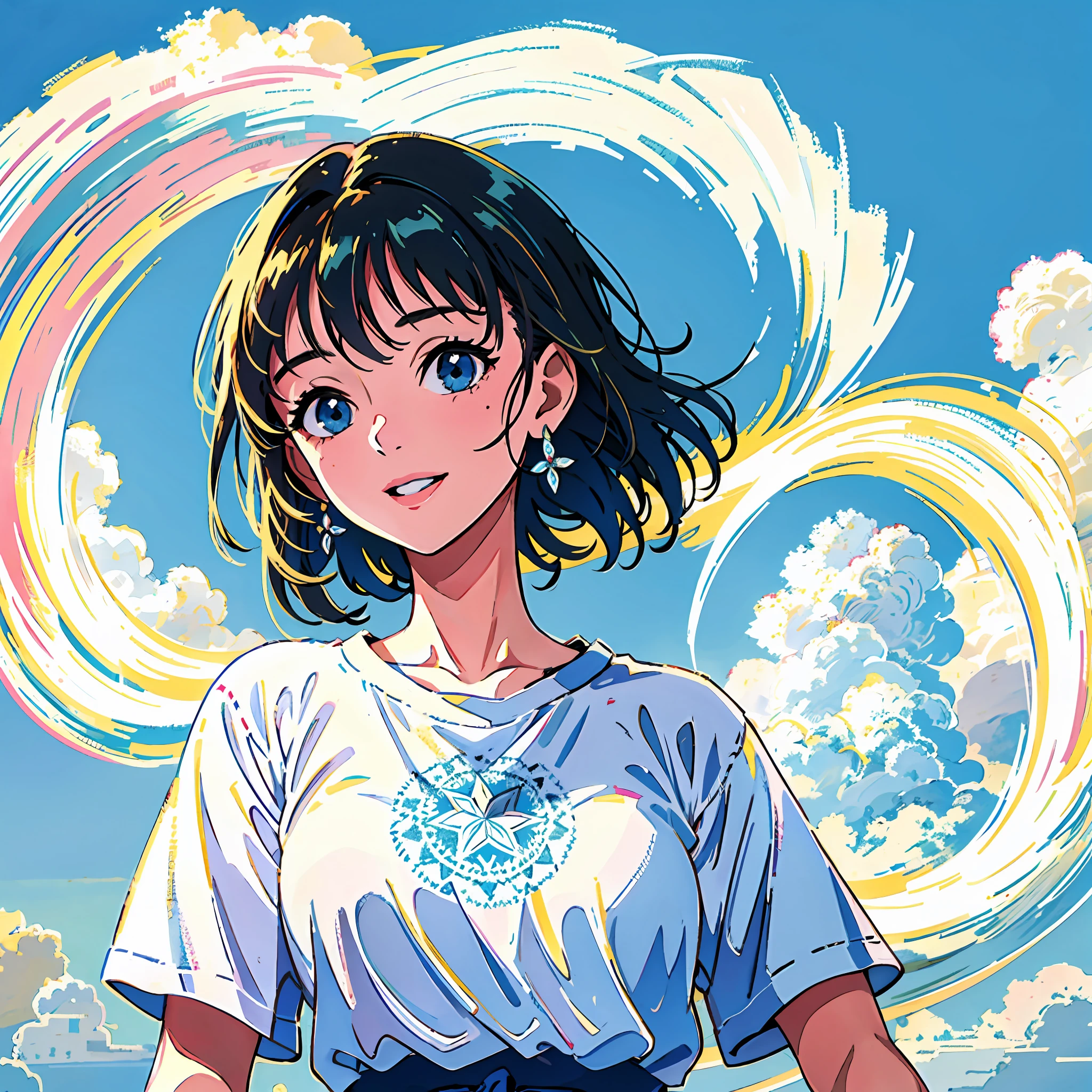 cinematic close shot, cinematography, intricately detailed, meticulous, magnificent, maximum details, cozy vibes:2, extremely hyper realistic,pastel colours:2, (((1girl, solo))), 18age, Slip dress, messy hair:2, black hair, (((center))),((summer)), Close-up of portraits,looking at viewer, happyness, detailed eyes,sunny,light smile, blue sky,breeze,simple background, Colored clouds,short hair, t-shirt,