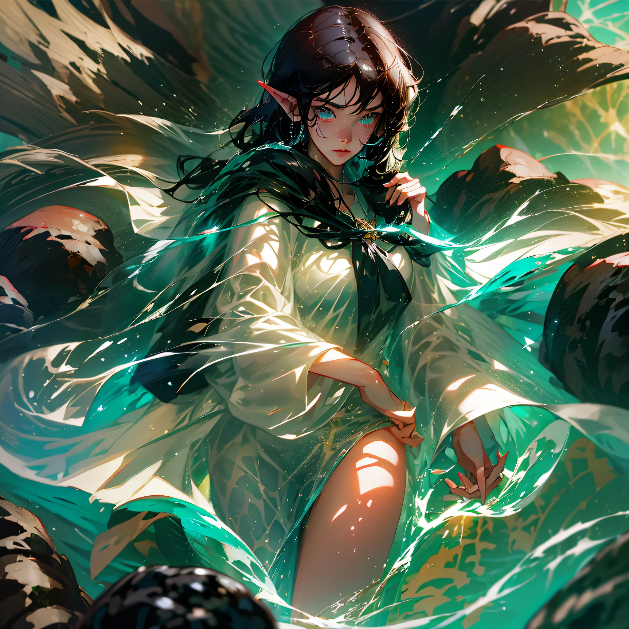 "Shinkai Makoto style, elf girl, full body, wet, long straight black hair, light clothes, splashing water, shining with misty light." --auto --s2
