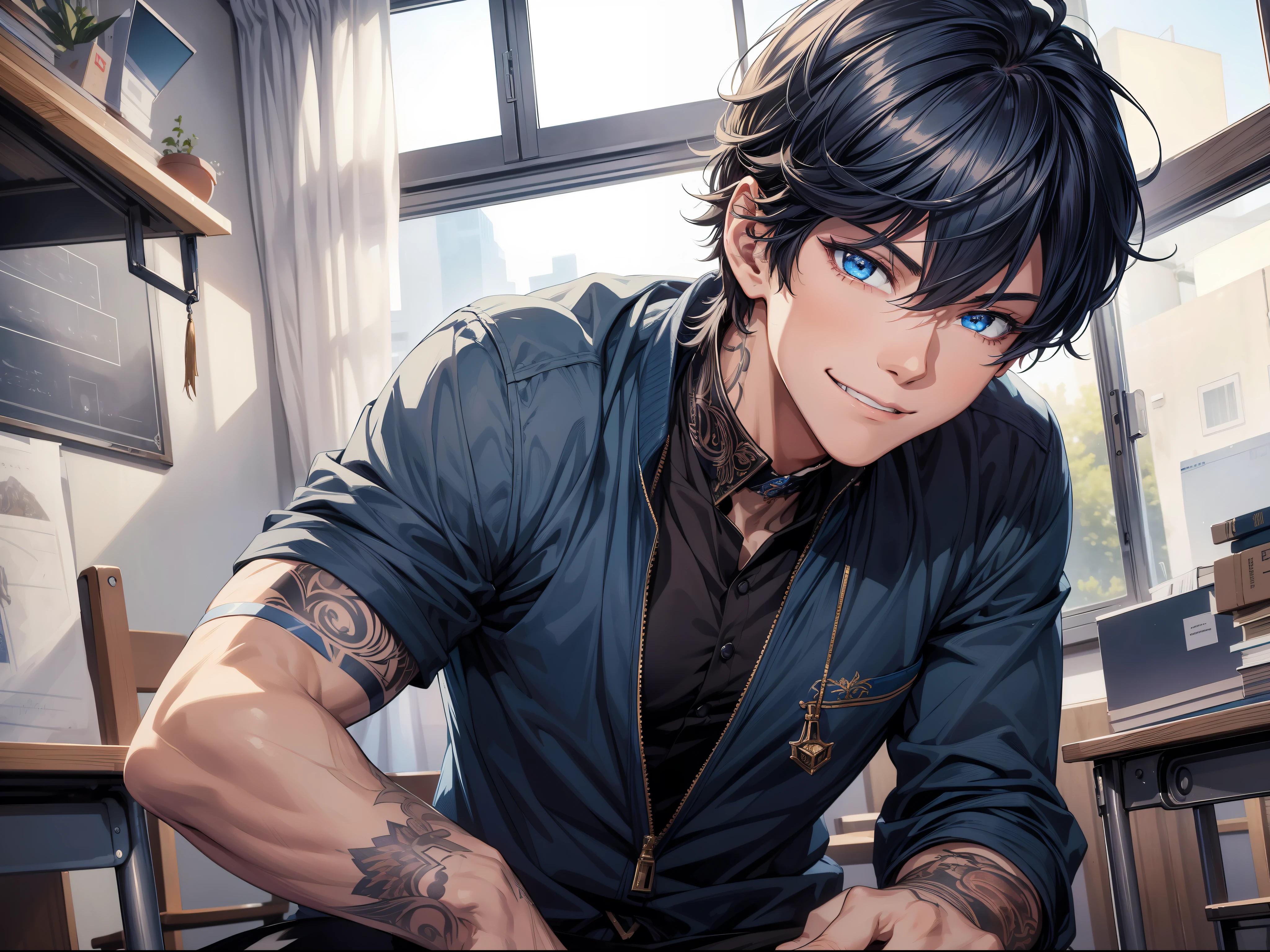 1boy,(masterpiece), best quality, ultra-detailed, high resolution, dynamic angle, dynamic pose, an extremely delicate and handsome anime boy with muscular physique and intricate details, blue eyes, piercing and tattoo, intricate and complex smile, in a classroom setting looking into the camera, school uniform, polite, calm boy, smirk smile