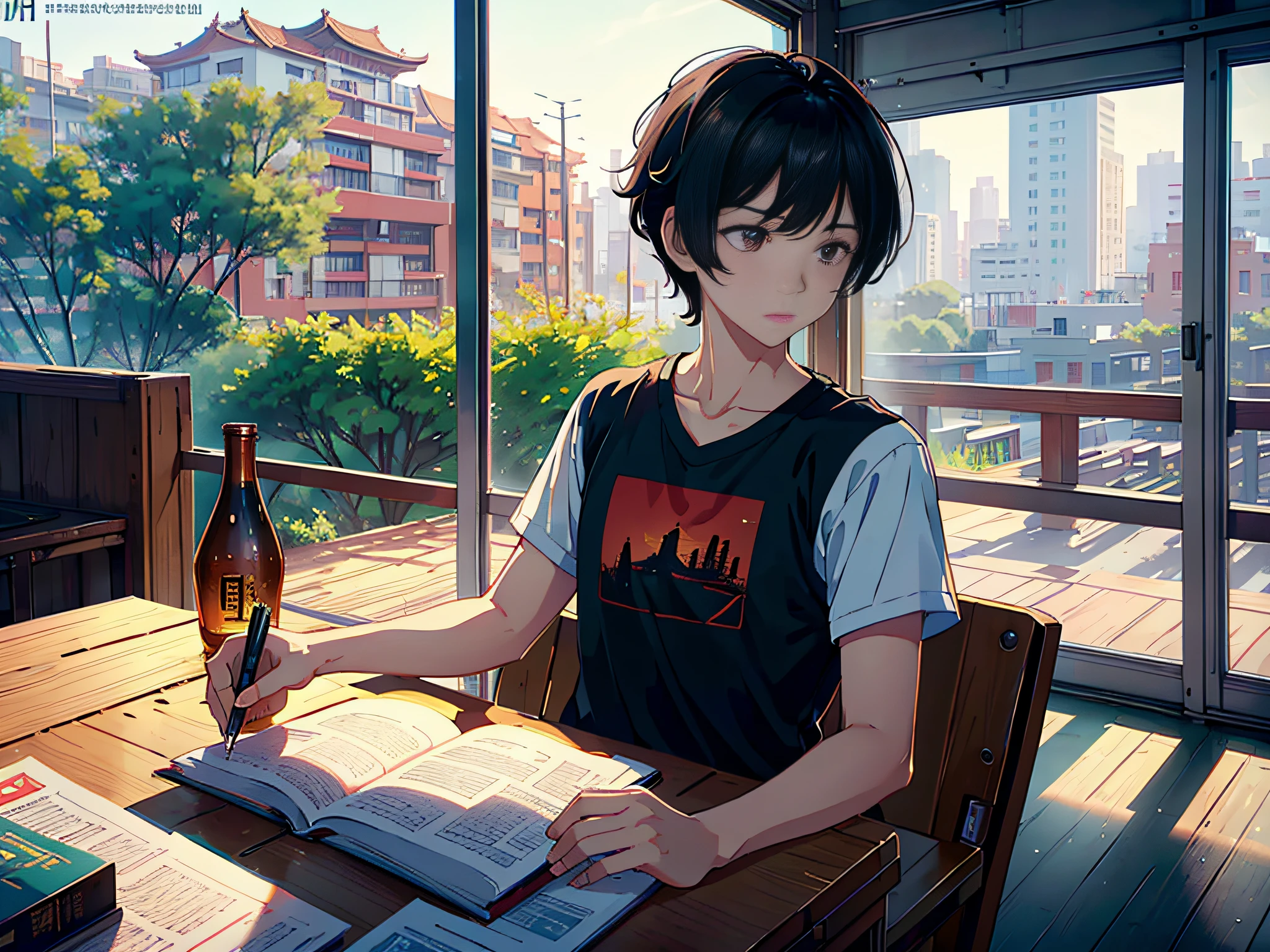 A male student is sitting in the classroom, this male student is still wearing a T-shirt, short black hair, holding a pen in his hand, there are test papers, there are books, the lens is mainly featured on the upper body, in the Loepfe art style ((Xinhai City), popular in CGStation, Shin Hai Cheng H 2160, inspired by Bian Shoumin, Xinhai Cheng, Kavassi, Guwitz style, high quality pictures, 4K, 8K, resolution,