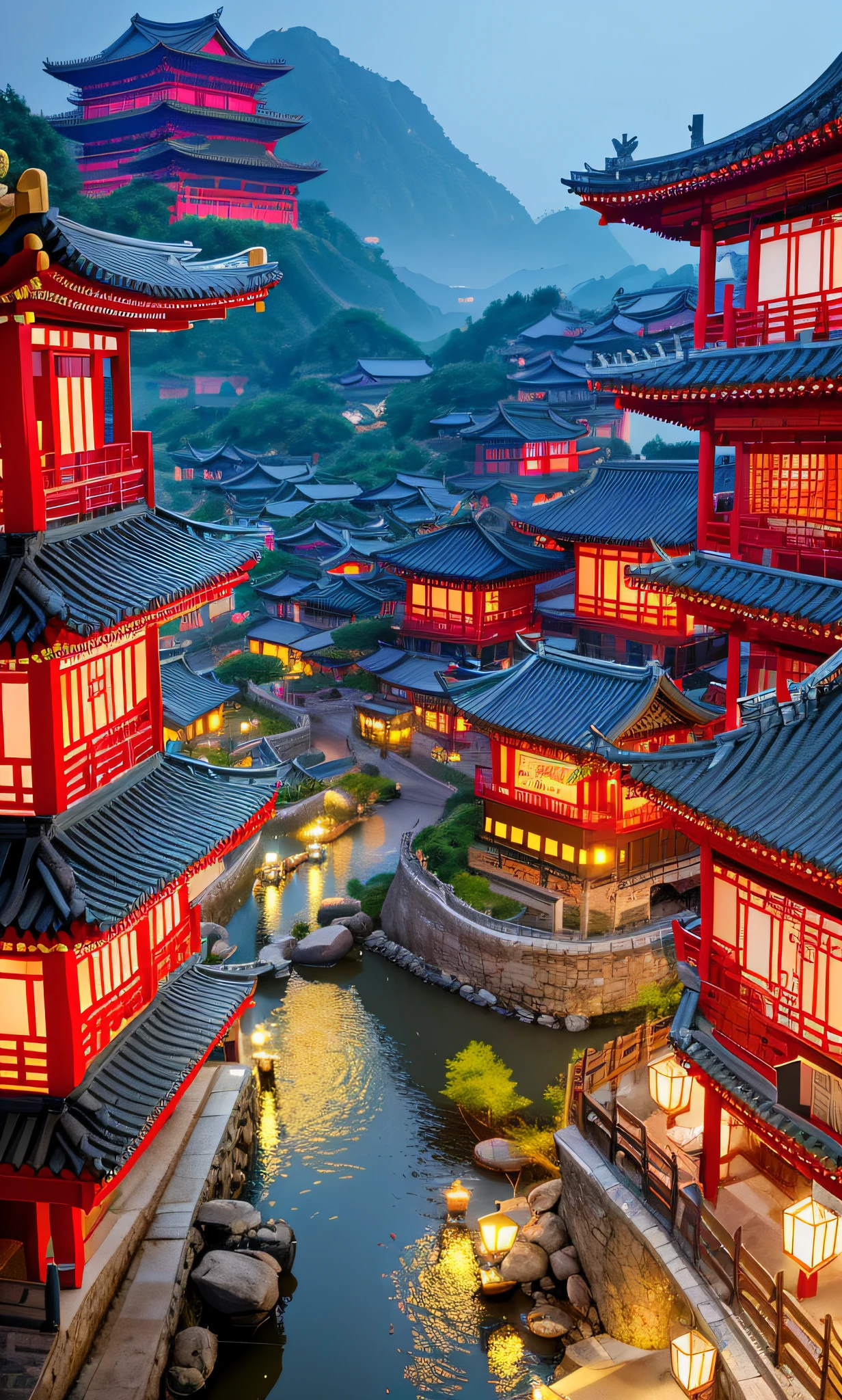 arafed view of a chinese village at night with a lot of lights, dreamy chinese town, ancient chinese architecture, cyberpunk chinese ancient castle, chinese architecture, japanese town, japanese city, chinese village, beautiful render of tang dynasty, japanese city at night, ancient japanese architecture, like jiufen, andreas rocha style, chinese style, japanese village