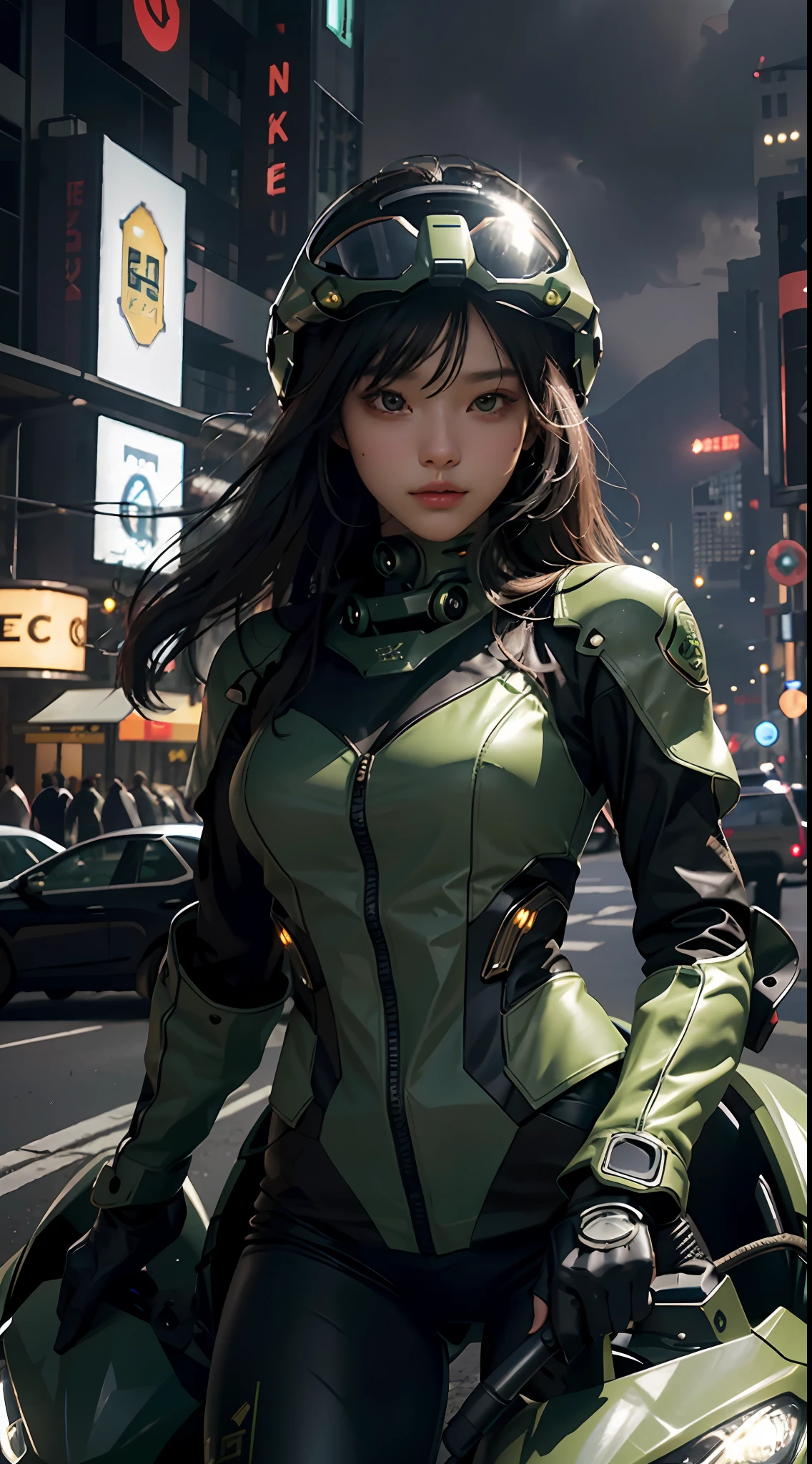 Highest image quality, outstanding details, ultra-high resolution, (realism: 1.4), the best illustration, favor details, highly condensed 1girl, with a delicate and beautiful face, dressed in a black and green mecha, wearing a mecha helmet, holding a directional controller, riding on a motorcycle, the background is a high-tech lighting scene of the future city.