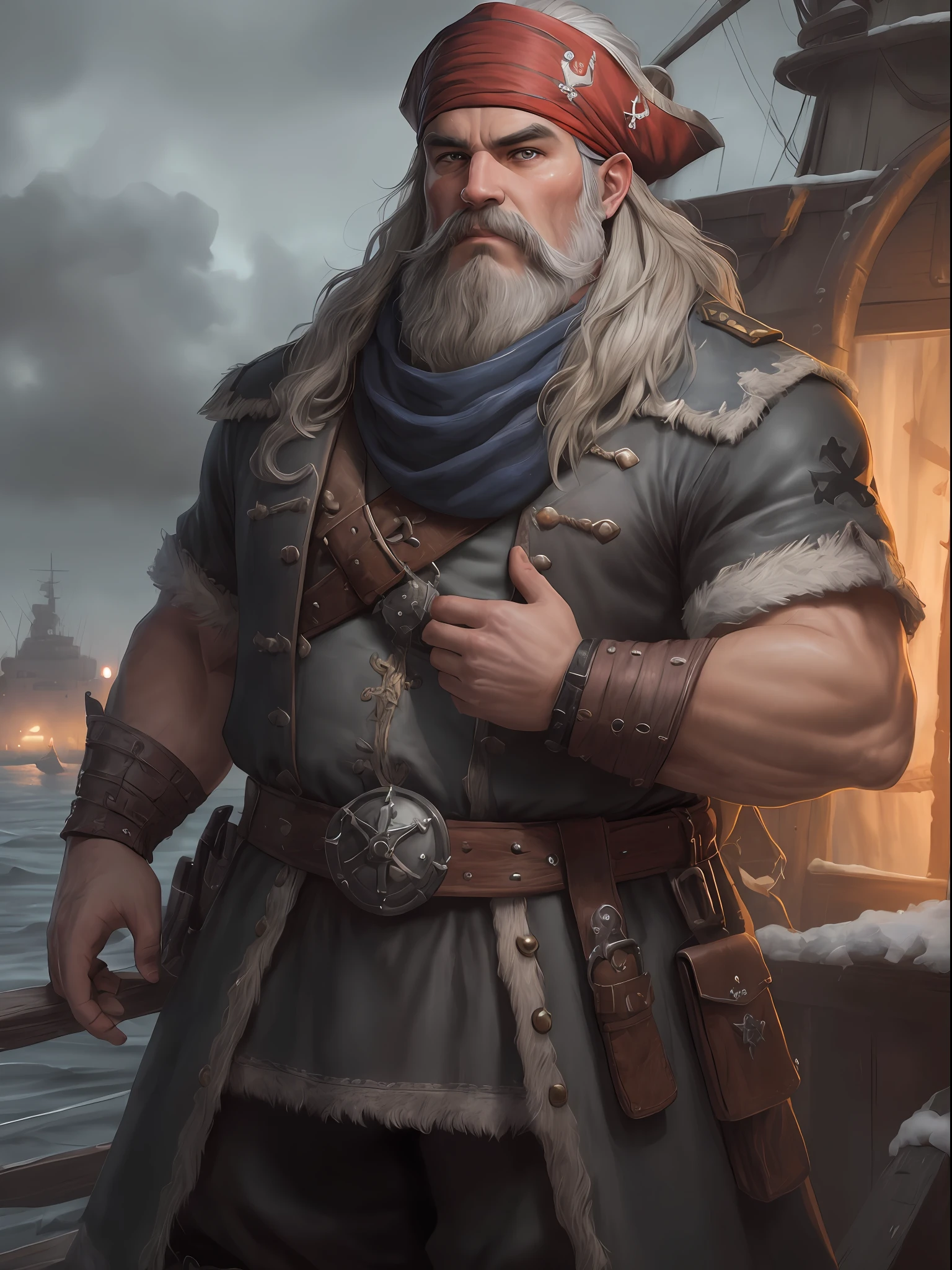 (highly detailed RAW color photo, masterpiece, ultra detailed), (pirate fantasy theme:1.2), (full body:0.9), solo, dwarf male (dwarf:1.1),, mature, handsome, sympathetic, short, burly and fat, (bandana:1.2) very long light gray hair and beard, gray eyes, (detailed eyes and detailed face), looking at the viewer, wearing a (soldier's uniform:1.3) navy blue with silver details, winter night in the background, standing (aboard a ship:1.6), leather and cold winter skin (cold clothes:1.3), beautiful night of overcast sky (fog: 1.2) (rain: 1.1) (winter: 1.4) (masterpiece: 1.2) (illustration: 1.1) (best quality: 1.2) (detailed) (intricate) (8k) (HDR) (wallpaper) (cinematic lighting) (sharp focus) (photography, soft sky lighting, soft details, artstation trend, ultra high detail, ultra realistic, cinematic, 16k, digital art, Dungeon and Dragons-inspired art)