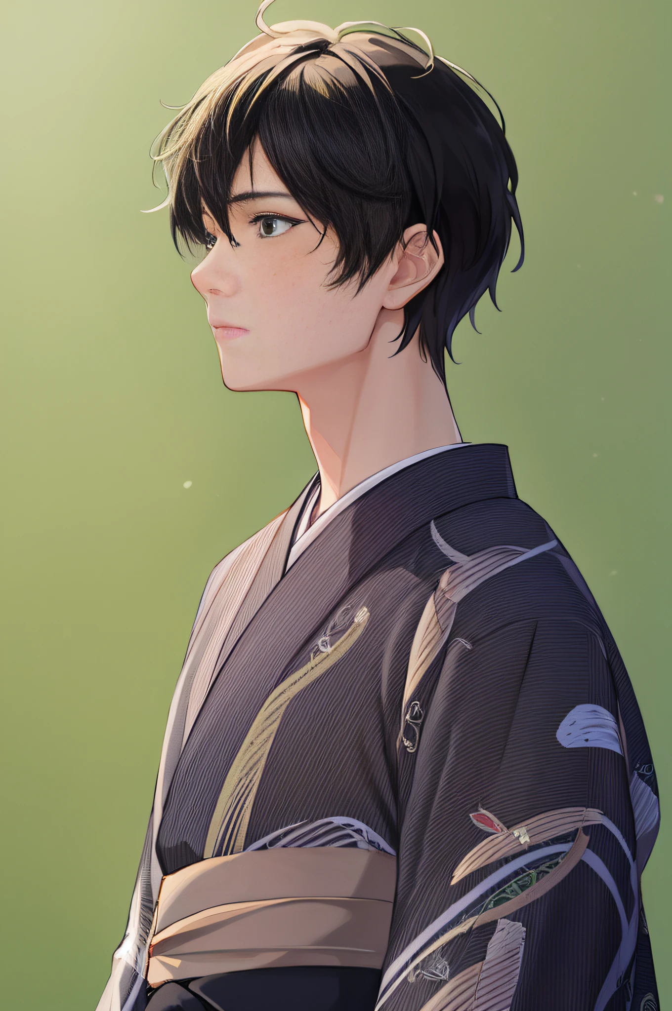 ((Best Quality)), (((Masterpiece))), (High Definition), Original, Highly Detailed 8K Wallpaper, Face and eyes painted in detail, green background, standing, looking far away, 1 male, 20s, short black hair, sad look, yukata for men of gray,