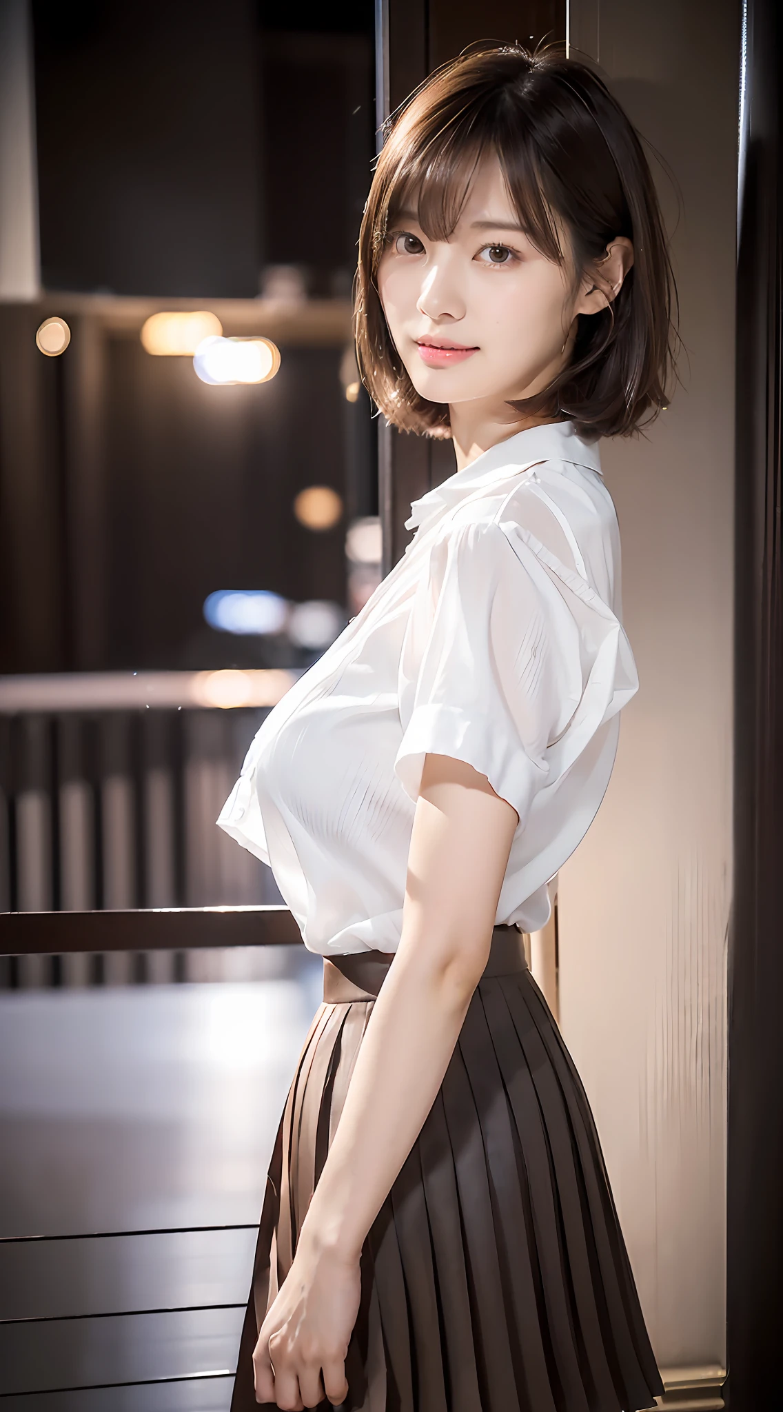 (((((Mai Shiraishi, white shirt, black pleats skirt, cowboy shot, from side, dark brown very short hair, gigantic breasts, arms behind back, standing))))((masterpiece, best quality, highly detailed, absurdres, RAW photo, ultra high resolution)))), highly detailed face and skin texture, detailed eyes, clear focus, an asian young and beautiful girl, white skin, real human skin, oval face, pores, gentle and goddess-like eyes, lip gloss, eyelashes, gloss face, wide lighting, natural shading, small waist, slender body, slight smile, clear features, beautiful face, double eyelids, sagging eyes, night cityscape