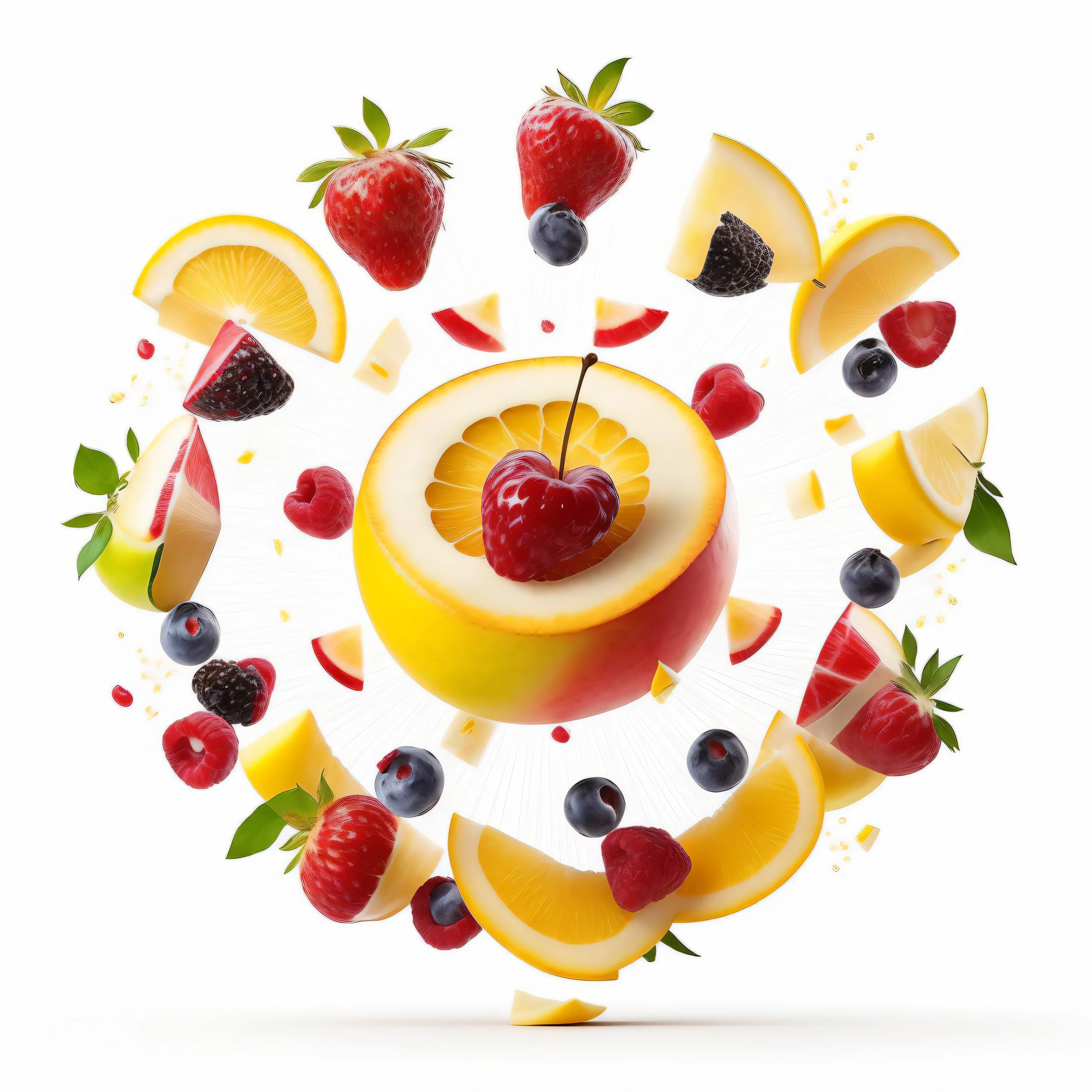 mix fruit flying through the air, Editorial Photography, Photography, Shot on 70mm lens, Depth of Field, Bokeh, DOF, Tilt Blur, Shutter Speed 1/1000, F/22, White Balance, 32k, Super-Resolution, white background, without text