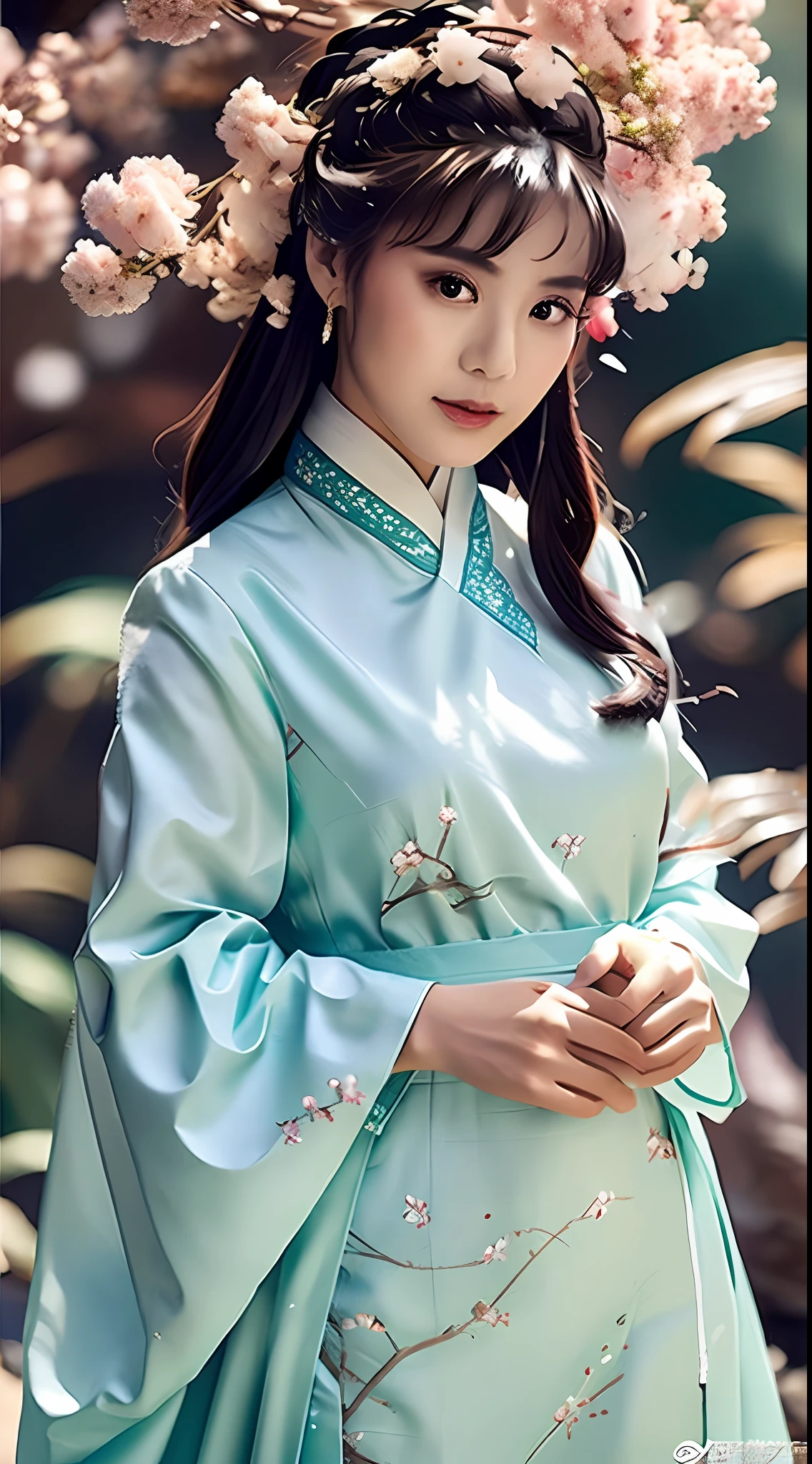 Close-up of dress on beautiful model with plant background, white hanfu, cheongsam, traditional Chinese clothing, Japanese clothing, (Chinese style filter) rich details of traditional Chinese clothing, fantasy dress, flowing dress, (moon theme filter) moon theme costume with fringed details, (magic style filter) streamlined magic robe, white and teal clothes, (moth style filter) dress like moth fluttering, flowing cherry blossom silk, magical dress