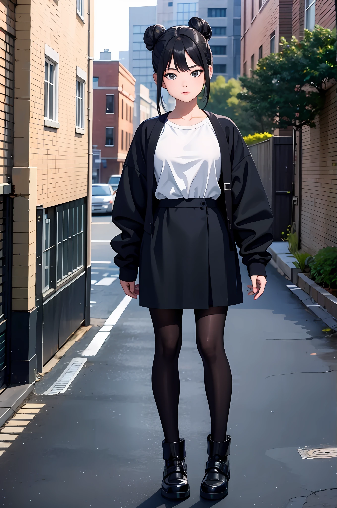 masterpiece, best quality,standing, black hair bun,cold face, full body,happy,light effect, soft, super clear, high-definition picture, (front),outdoors,