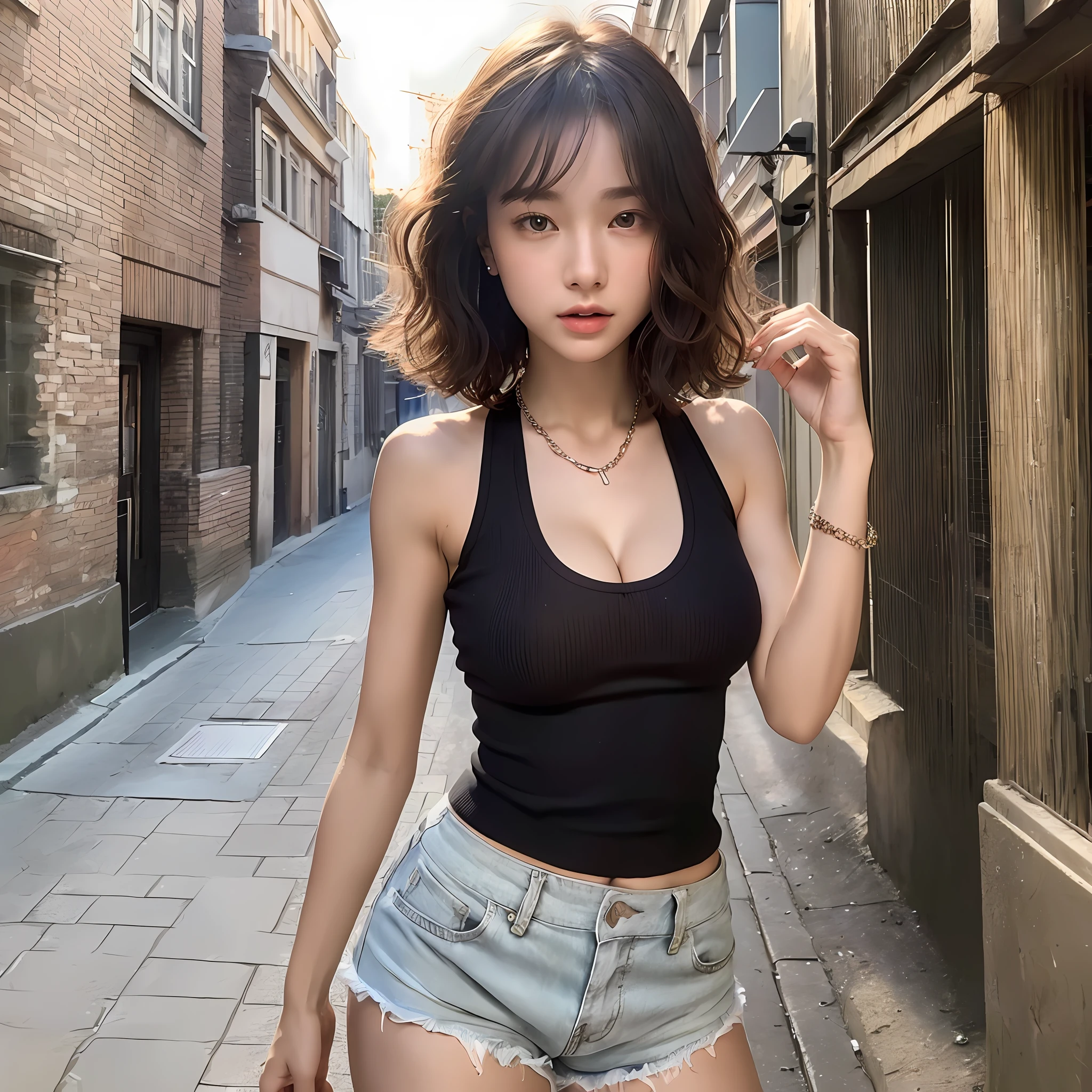 ((sexual))), exhibitionist, ((big breasts, tomboy, small head)), middle school, daylight, (chiseled abs: 1.1), (perfect body: 1.1), (short wavy hair: 1.2), reddish brown hair, collar, chain, full body shot, crowded street, fluffy black tank top, (fluffy shorts)), (very detailed CG 8k wallpaper), (very delicate and beautiful) , (Masterpiece), (Best Quality: 1.0), (Ultra High Definition: 1.0), Beautiful Lighting, Perfect Lightning, Realistic Shadows, [High Resolution], Detailed Skins, Super Detail