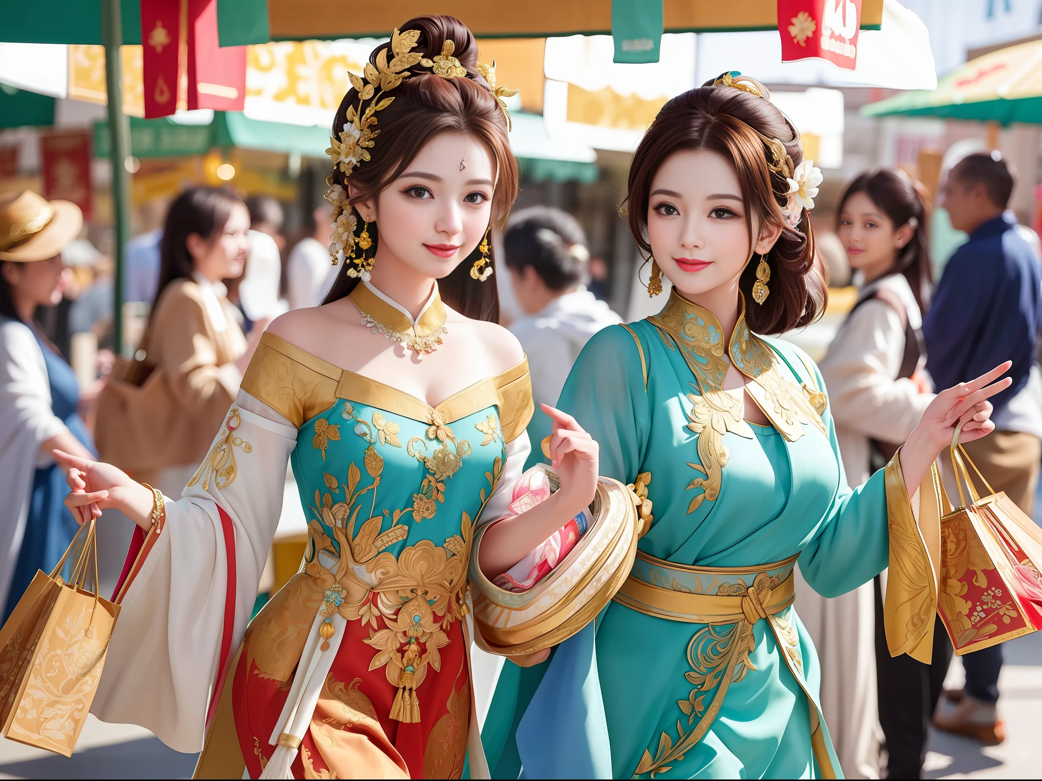 (((best quality))),(((ultra detailed))),(((masterpiece))), illustration, Several ancient beauties dressed in gorgeous costumes joyfully shop in a market in ancient times, carrying small baskets and cloth bags filled with items. The market is full of various goods, making them overwhelmed with choices. Full shot body photo of the most beautiful artwork in the world featuring ancient beauties shopping in a market, smiling, colorful costumes, traditional, cultural, historical, nostalgic, intricate details, high resolution, trending on social media, Instagram-worthy, oriental, elegant, exquisite, graceful, beauty, shopping spree. .beautiful face