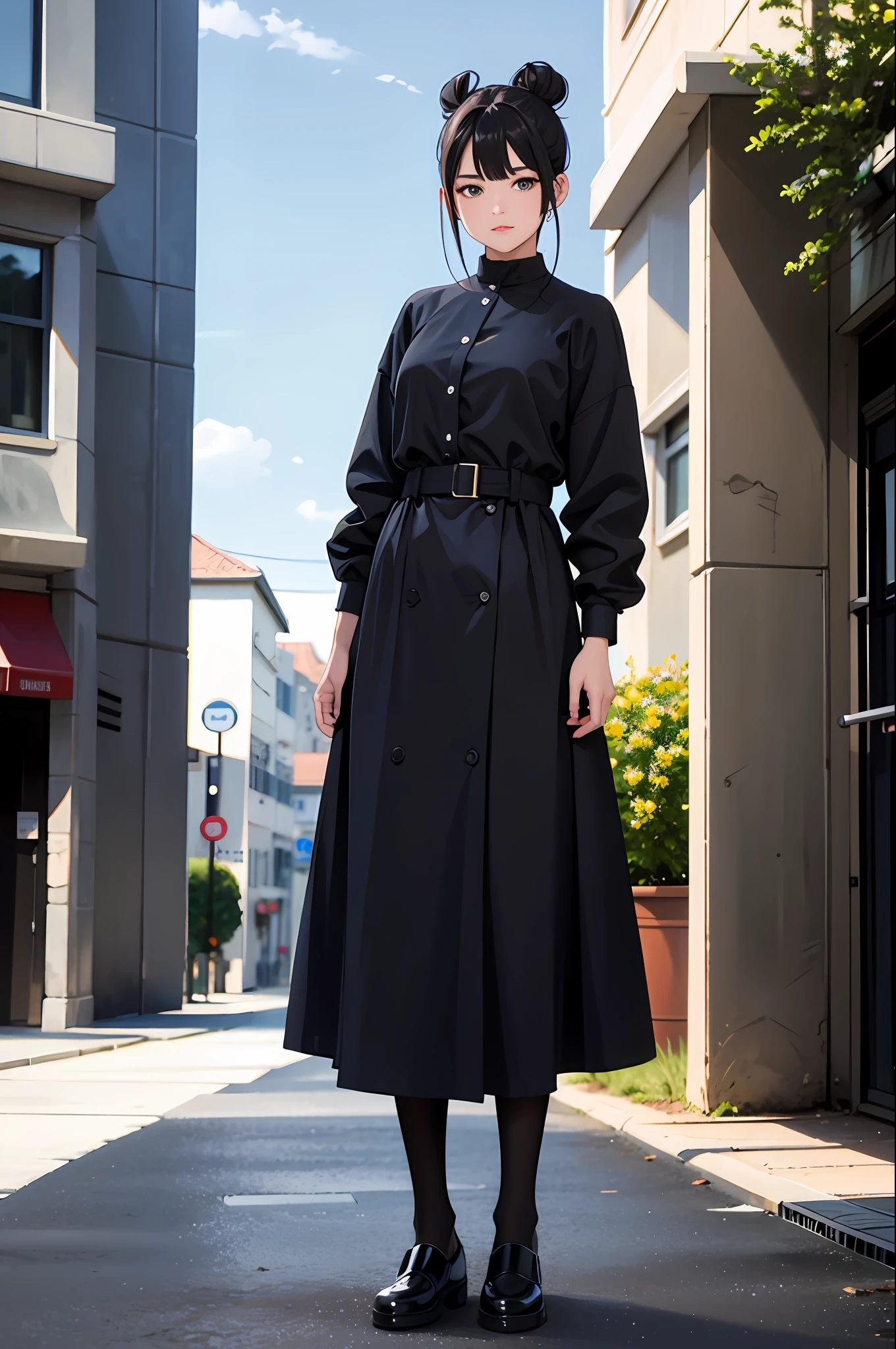 masterpiece, best quality,standing, black hair bun,cold face, full body,happy,light effect, soft, super clear, high-definition picture, (front),outdoors,