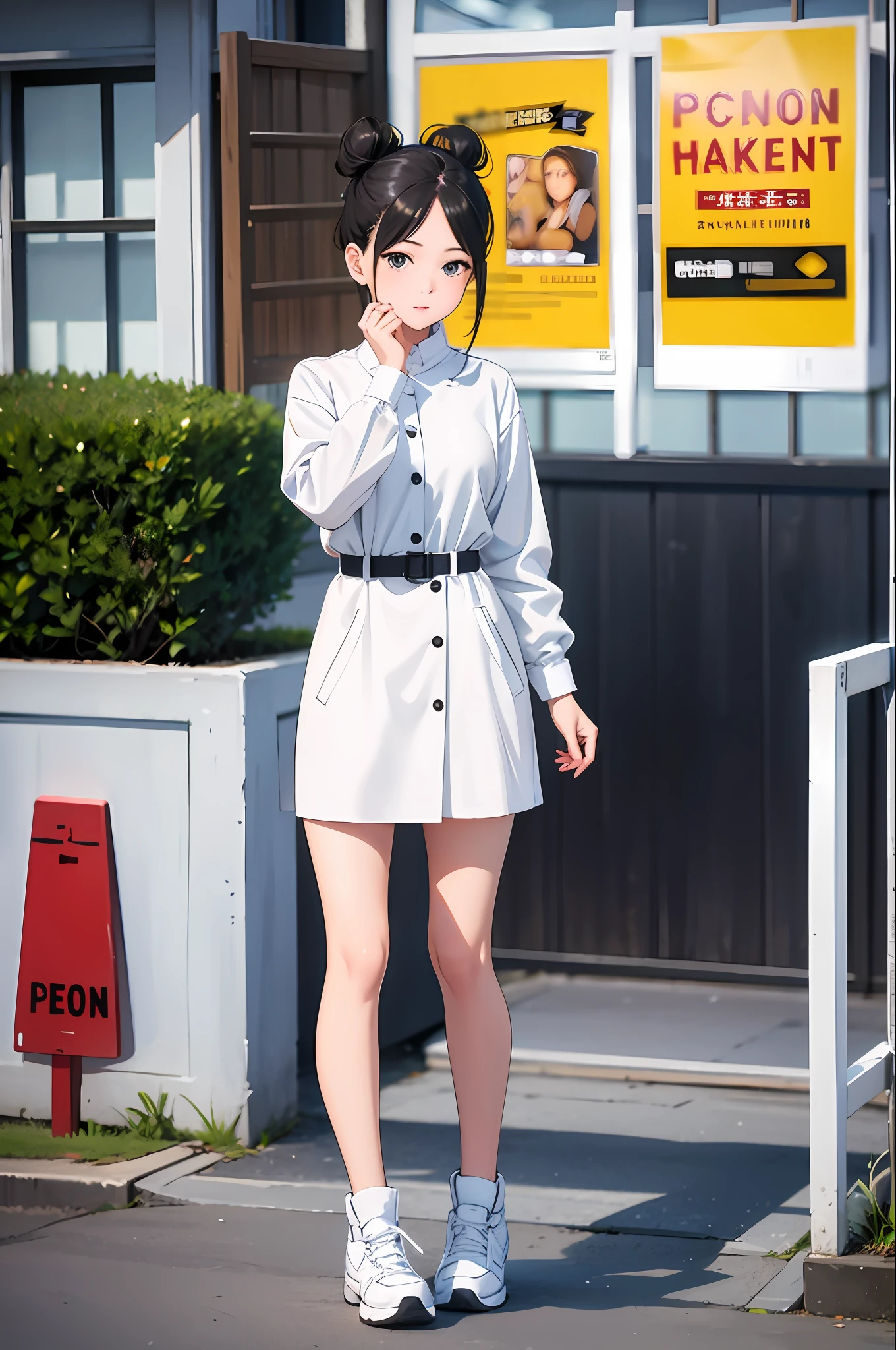 masterpiece, best quality,standing, black hair bun,cold face, full body,happy,light effect, soft, super clear, high-definition picture, (front),outdoors,