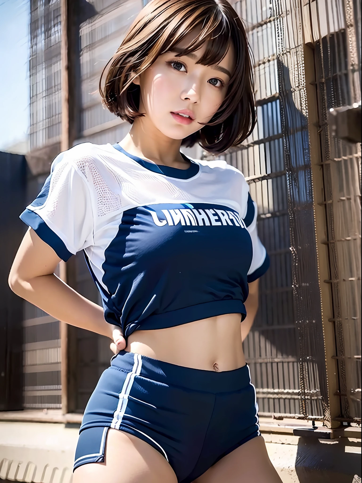 HDTV, 8K, Masterpiece, UHD, Japan Woman, 1 Girl, Beautiful Girl, , Short Brown Hair Blown in the Wind, Bangs, Dark Blue Bloomers, White Gym Clothes, Camertou,