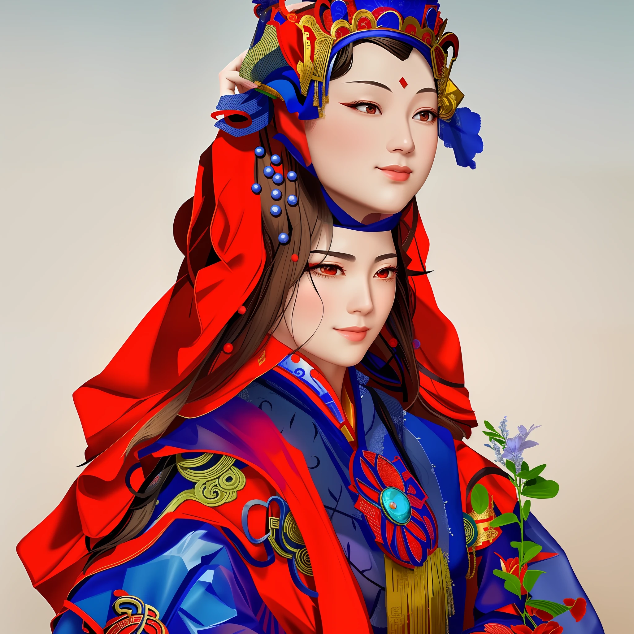 there is a woman in a red dress and a woman in a blue dress, inspired by Li Mei-shu, chinese empress, inspired by Lan Ying, ancient china art style, ancient chinese beauties, inspired by Ju Lian, ancient chinese princess, a beautiful fantasy empress, inspired by Yun Du-seo, beautiful render of tang dynasty, inspired by Qiu Ying