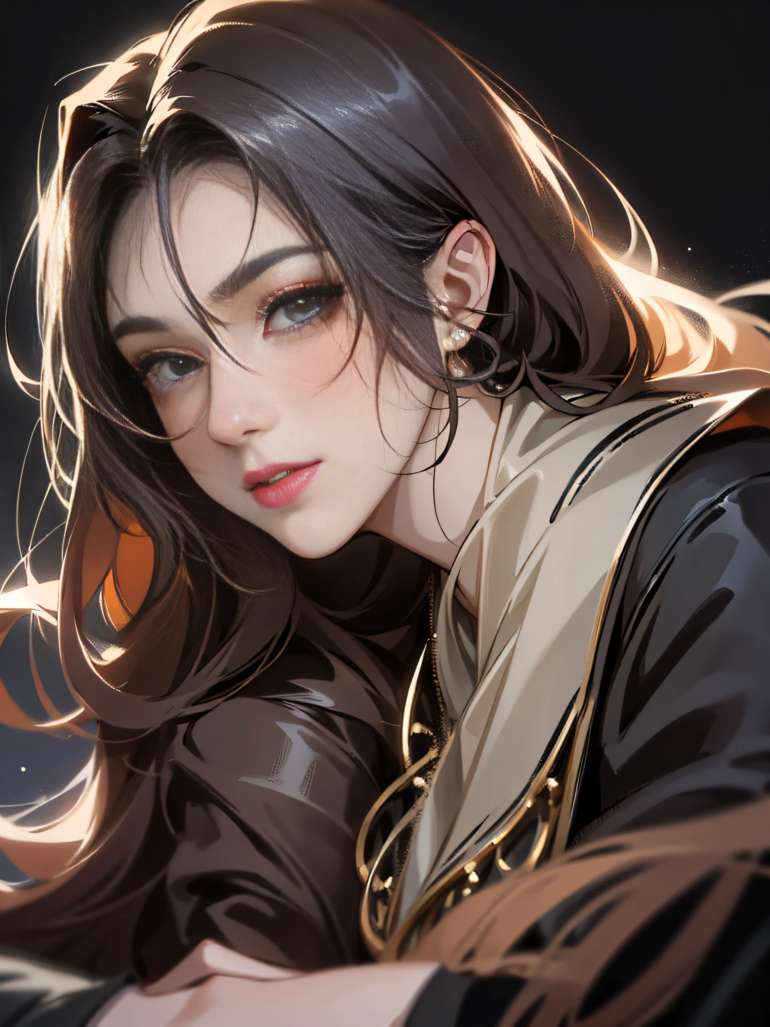 Masterpiece, Superb Clothing, (Illustration), ((2 People)), (Handsome Young Couple Hugging), (Russian Mill Style), Fashion, Leather Jacket, (Long Hair), (Happy), (White Skin), (Dark Circles), Handsome, Party, Toast, Trend, Dark Gray, Close Up, (Grand Background), (Chiaroscuro)), Fine Face Detail, Facial Detail, Cinematic Lighting, (Depth of Field), UHD, (Upper Body), Black Background