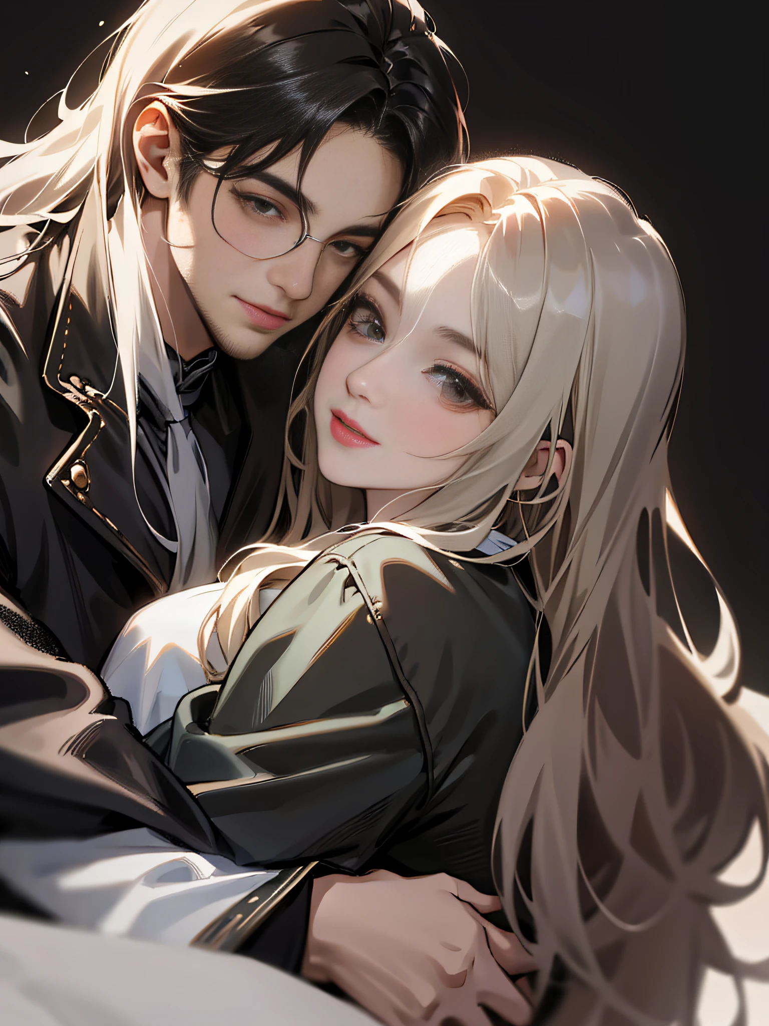 Masterpiece, Superb Clothing, (Illustration), ((2 People)), (Handsome Young Couple Hugging), (Russian Mill Style), Fashion, Leather Jacket, (Long Hair), (Happy), (White Skin), (Dark Circles), Handsome, Party, Toast, Trend, Dark Gray, Close Up, (Grand Background), (Chiaroscuro)), Fine Face Detail, Facial Detail, Cinematic Lighting, (Depth of Field), UHD, (Upper Body), Black Background
