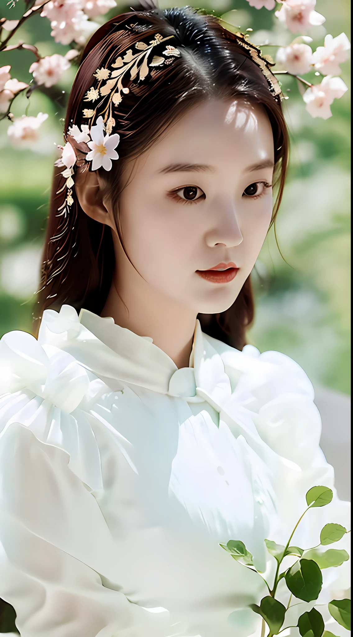 Highly condensed beautiful moving woman, mature and generous, delicate face, close-up of dress on beautiful model with plant background, white hanfu, cheongsam, traditional Chinese clothing, Japanese clothing, (Chinese style filter) rich details of traditional Chinese clothing, fantasy dress, flowing dress, (moon theme filter) moon theme costume with fringed details, (magic style filter) streamlined magic robe, white and teal clothes, (moth style filter) dress like a moth, Flowing cherry blossom silk, magical dress