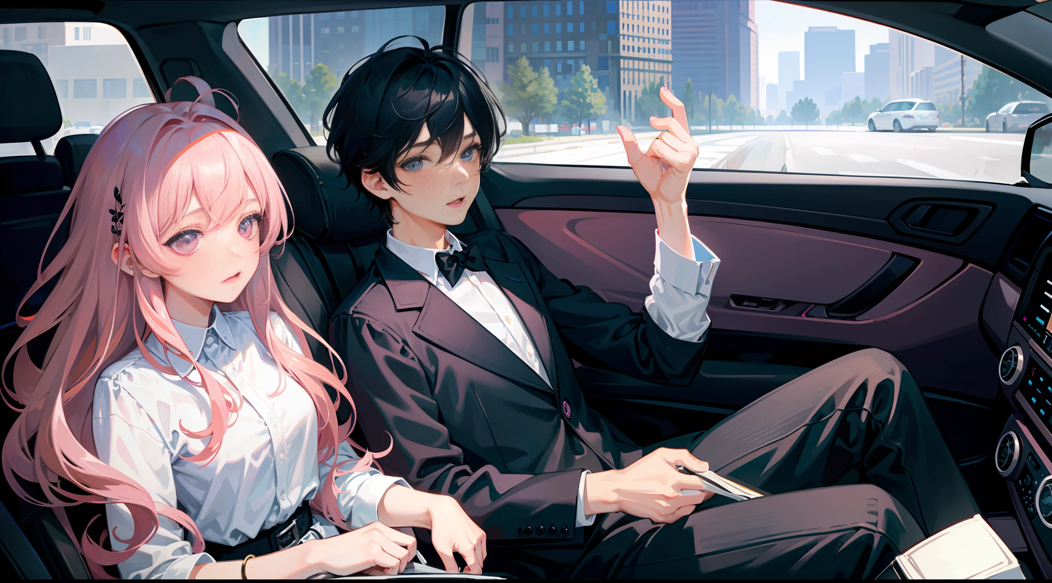 Masterpiece, best quality, super detailed, illustration, beautiful detailed eyes, close up, with a boy and a girl. It is pink hair, white pleated shirt, skirt. The boy is black hair, black suit, black pants. Boy and girl in the car, boy in main driver, girl in co-driver, rain