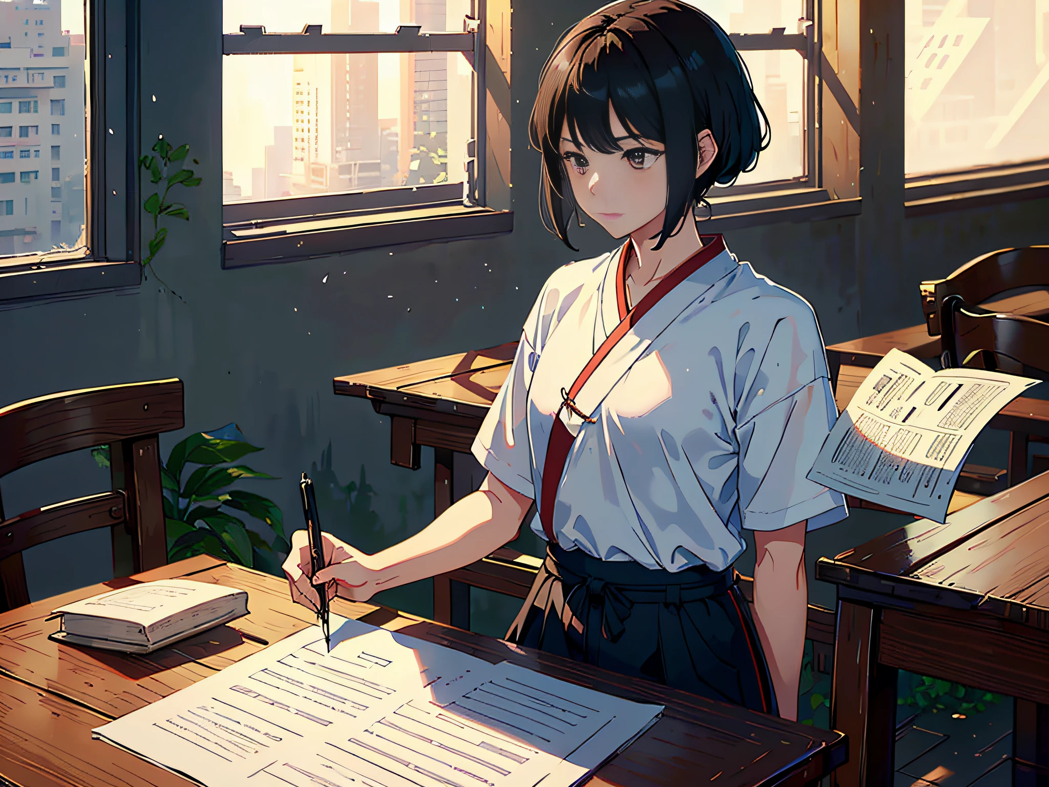 A man is sitting in the classroom, this male classmate is still wearing a white T-shirt, short black hair, holding a pen, there are test papers, there are books, the lens is mainly featured on the upper body, in the Loepfe art style ((Xinhaicheng), popular in CGStation, Xinhaicheng H 2160, inspired by Bian Shoumin, Xinhaicheng, Kavasi, Guwitz's style, high-quality pictures, 4K, 8K, resolution,