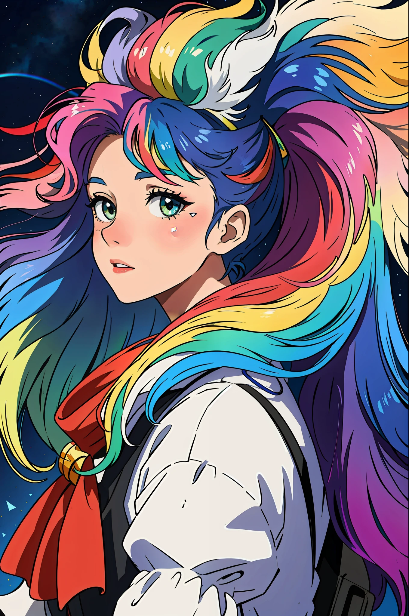 masterpiece, best quality, girl with rainbow hair, really wild hair, mane