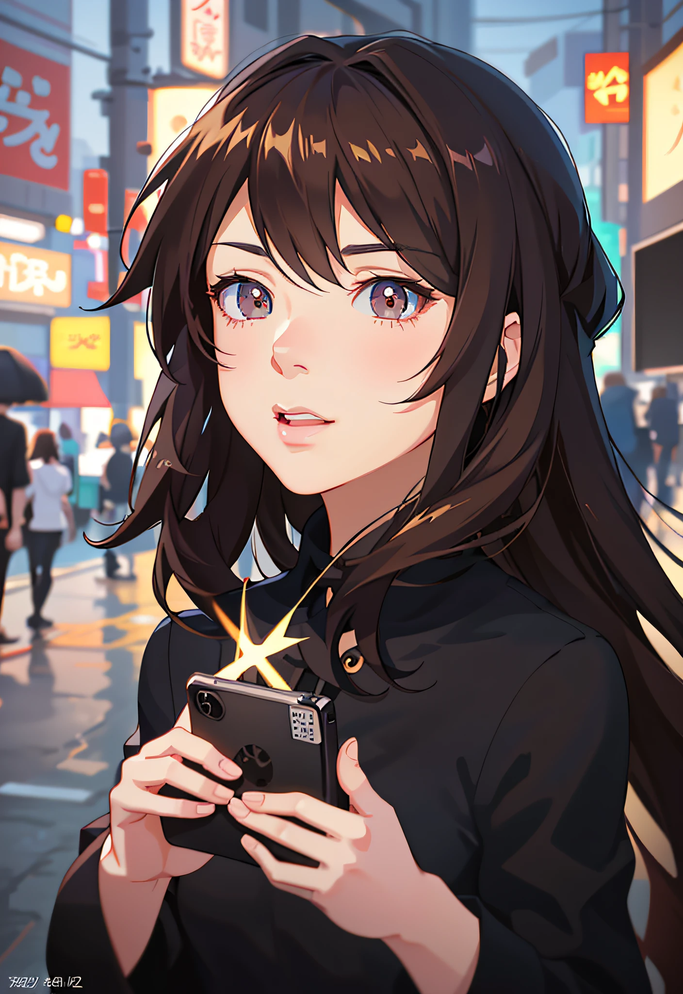 anime girl with brown hair and black shirt holding a cell phone, digital anime illustration, artwork in the style of guweiz, detailed portrait of anime girl, detailed digital anime art, portrait anime girl, beautiful anime portrait, trending on cgstation, digital anime art, realistic anime artstyle, anime style portrait, ilya kuvshinov. 4 k