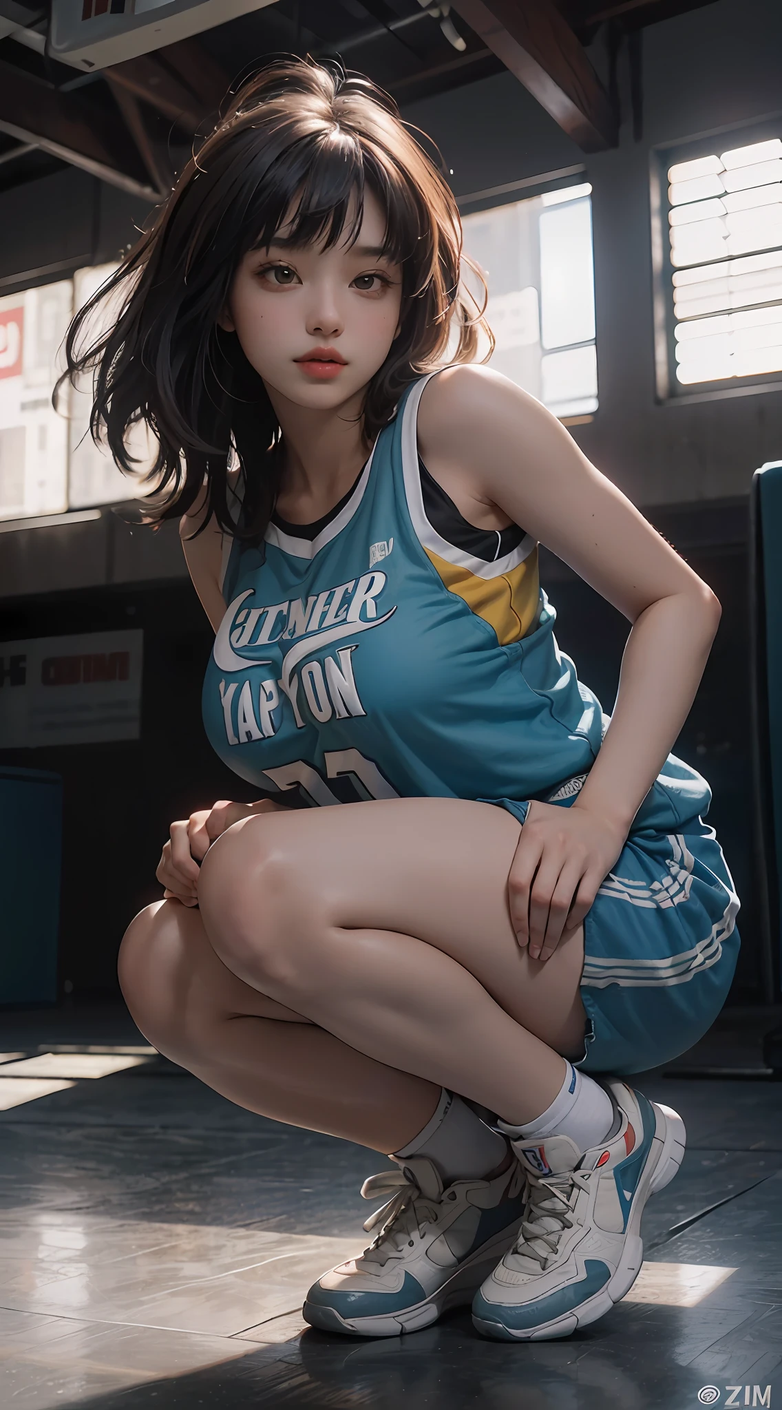 (RAW photo, 4k, masterpiece, high resolution, extremely complex) (realistic: 1.4), cinematic lighting
1 Girl, Solo Focus, Summer Noon, Hot, 1990s\(Style\), (Best Quality), (Highres), (an Extremely Delicate and Beautiful),,(Beautiful 8k face),(Brown eyes),(ulzzang-6500:1.0),(solo),(Looking side),( spectators),(large breasts),(NBA),bent over,,lookside,(side), ,(Basketball sportswear),((Play basketball)),((gymnasium)),((speed)),(reality),