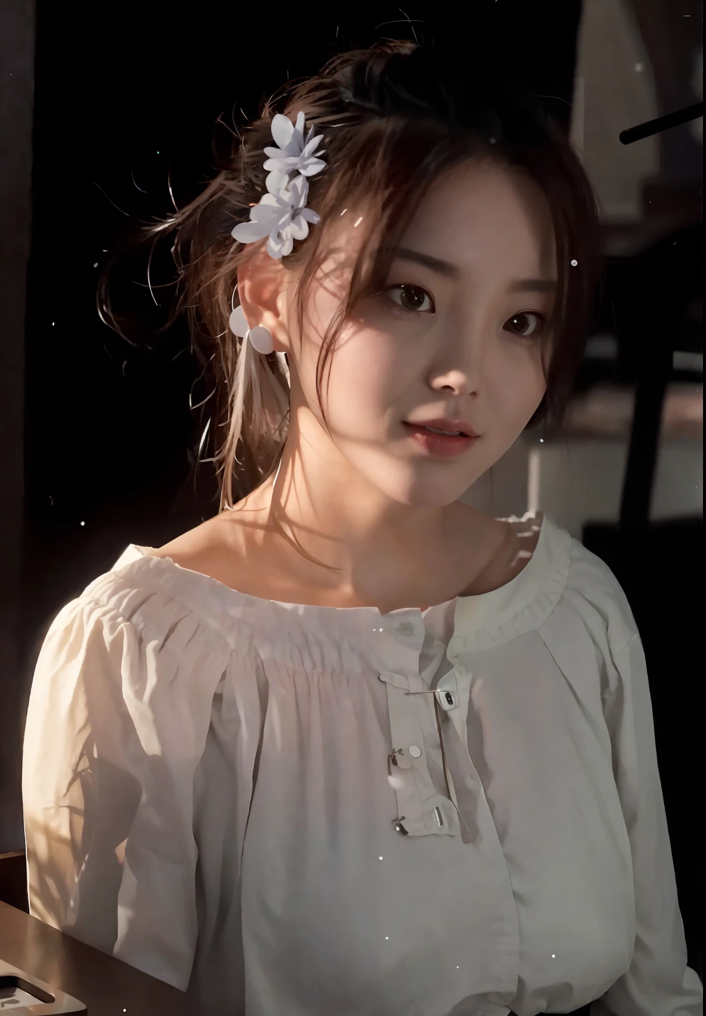 there is a woman that is sitting at a table with a keyboard, she has a cute face, she has a cute expressive face, she has a glow coming from her, tiktok video, she is facing the camera, with round face, ruan cute vtuber, as she looks up at the ceiling, young and cute girl, chinese girl