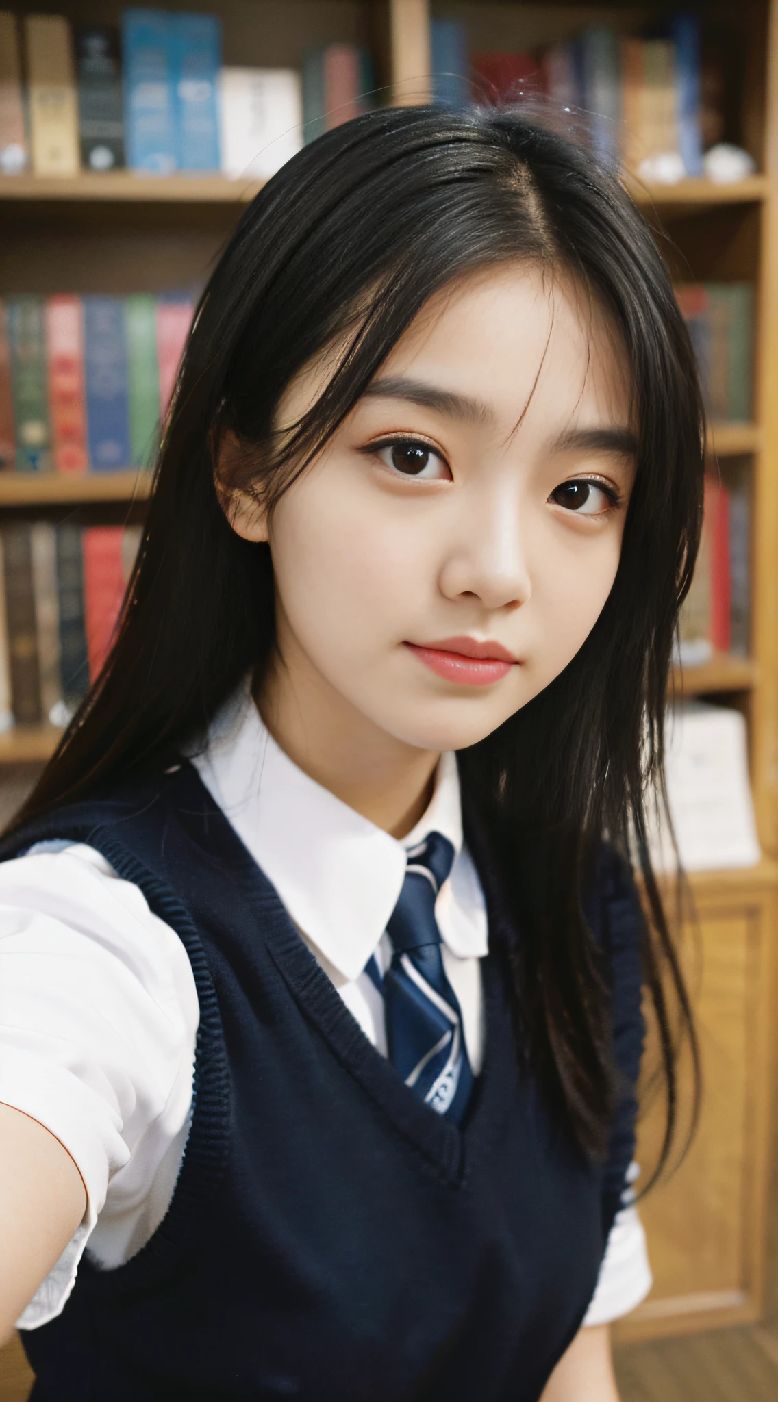 Best Quality, Masterpiece, Ultra High Resolution, (Realistic: 1.4), Original Photo, Head Photo, Skin, Simple Background, Black Eyes, Detail, Selfie, 1 Girl, College Uniform, Library, Looking at the Audience,