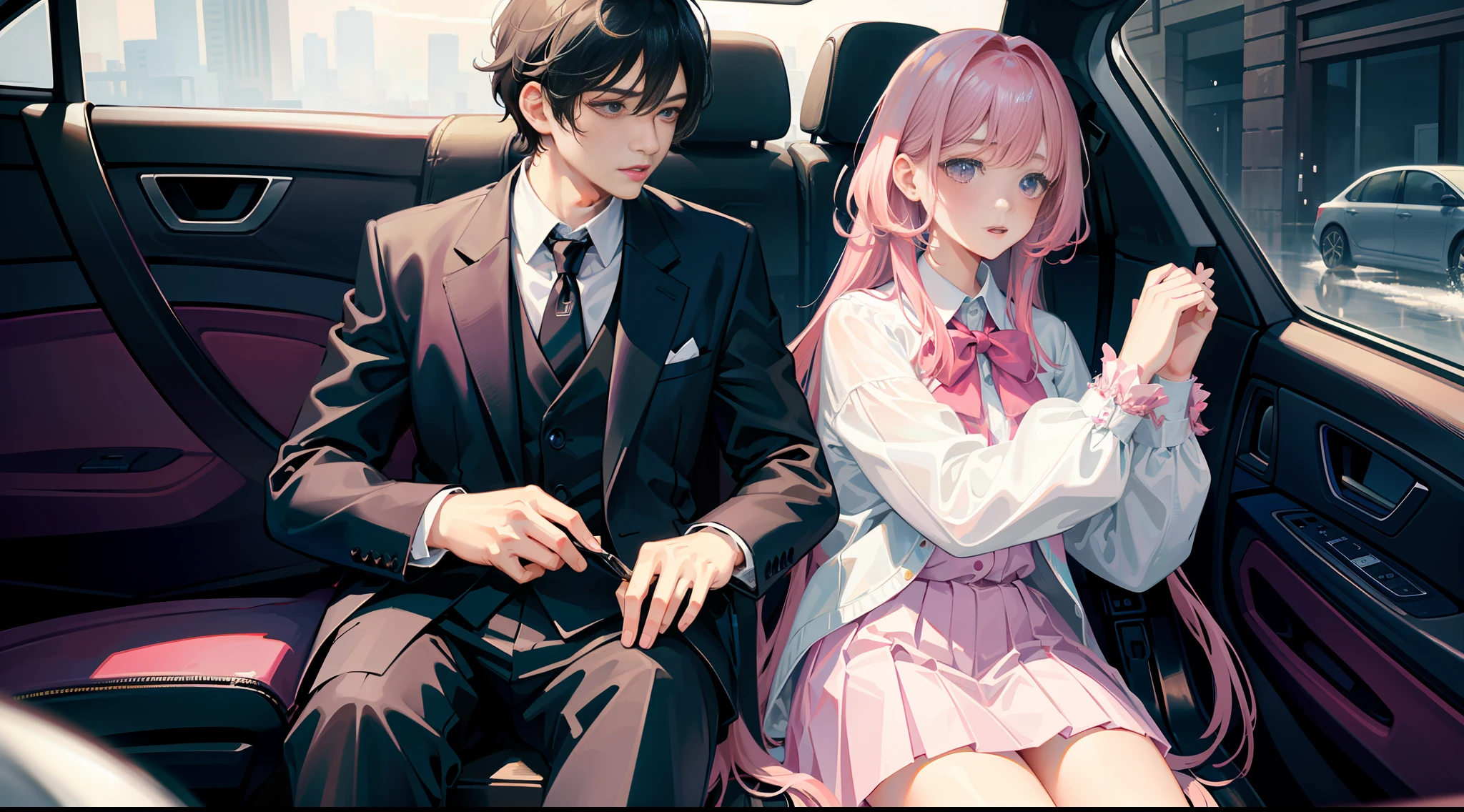 Masterpiece, best quality, super detailed, illustration, beautiful detailed eyes, close up, with a boy and a girl. It is pink hair, white pleated shirt, skirt. The boy is black hair, black suit, black pants. Boy and girl in the car, girl grabbed boy's clothes. It was raining heavily outside the car.