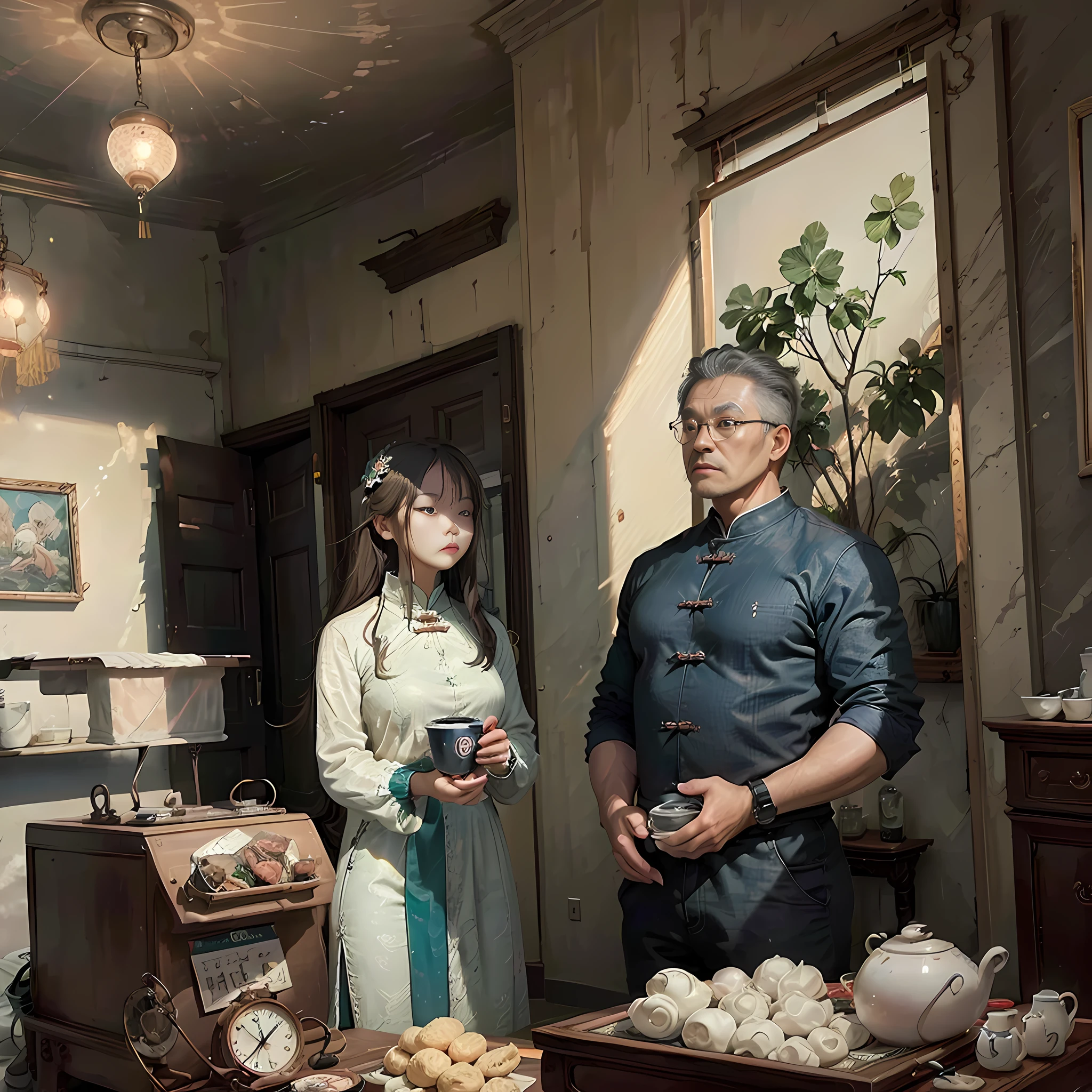 (Masterpiece, Top Quality, Best Quality, Official Art, Beauty and Aesthetics: 1.2), the environment is in the living room, Father's Day, Chinese girls and fathers together, 8K