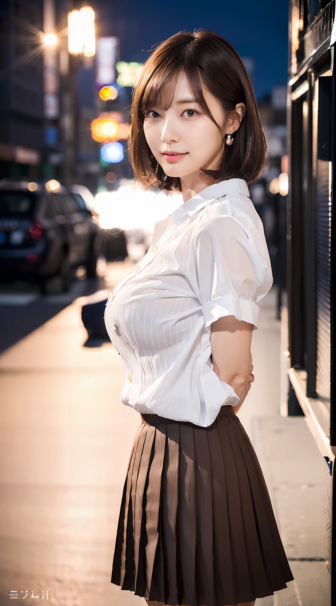(((((Mai Shiraishi, white shirt, black pleats skirt, cowboy shot, from side, dark brown very short hair, gigantic breasts, arms behind back, standing))))((masterpiece, best quality, highly detailed, absurdres, RAW photo, ultra high resolution)))), highly detailed face and skin texture, detailed eyes, clear focus, an asian young and beautiful girl, white skin, real human skin, oval face, pores, gentle and goddess-like eyes, lip gloss, eyelashes, gloss face, wide lighting, natural shading, small waist, slender body, slight smile, clear features, beautiful face, double eyelids, sagging eyes, night cityscape